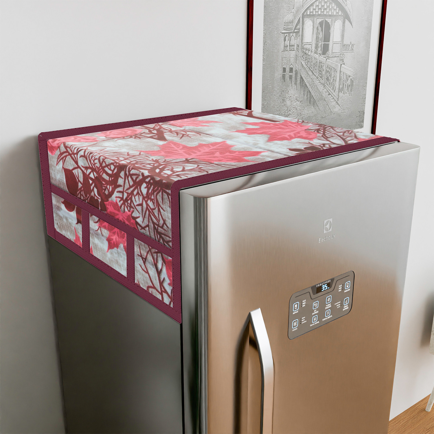 Kuber Industries Fridge Top Cover  Fridge Top Cover with Pockets  Refrigerator Top Cover for Kitchen  Fridge Top Cover with 6 Utility Pockets  Tree Kniting Fridge Cover  Maroon