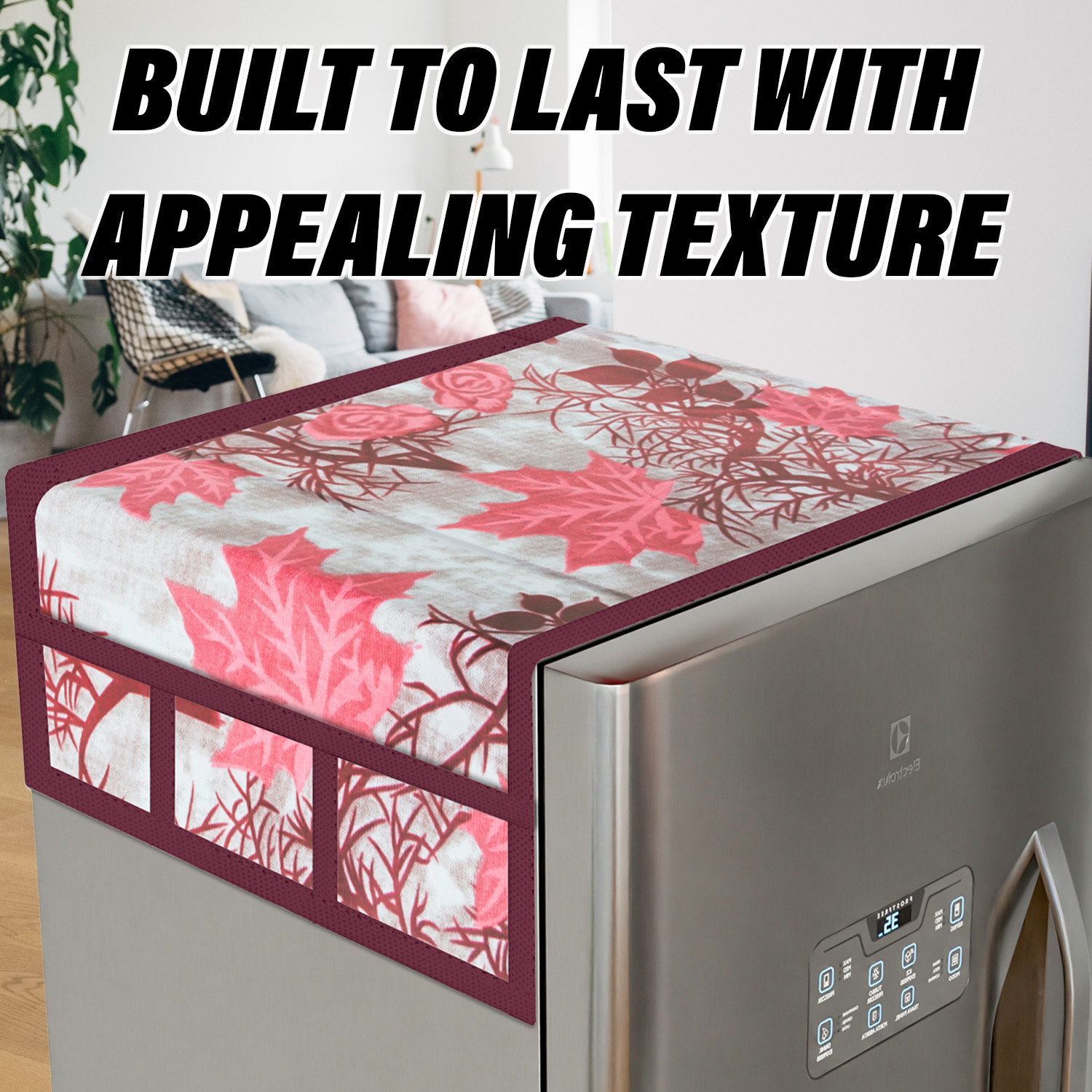 Kuber Industries Fridge Top Cover  Fridge Top Cover with Pockets  Refrigerator Top Cover for Kitchen  Fridge Top Cover with 6 Utility Pockets  Tree Kniting Fridge Cover  Maroon