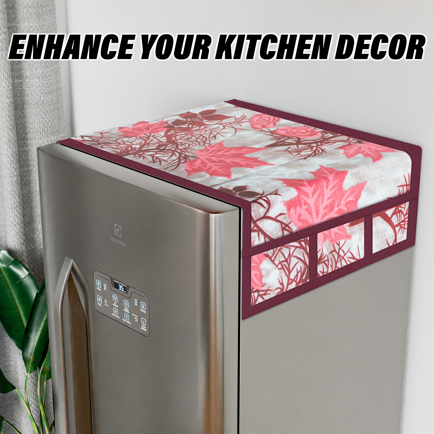 Kuber Industries Fridge Top Cover  Fridge Top Cover with Pockets  Refrigerator Top Cover for Kitchen  Fridge Top Cover with 6 Utility Pockets  Tree Kniting Fridge Cover  Maroon