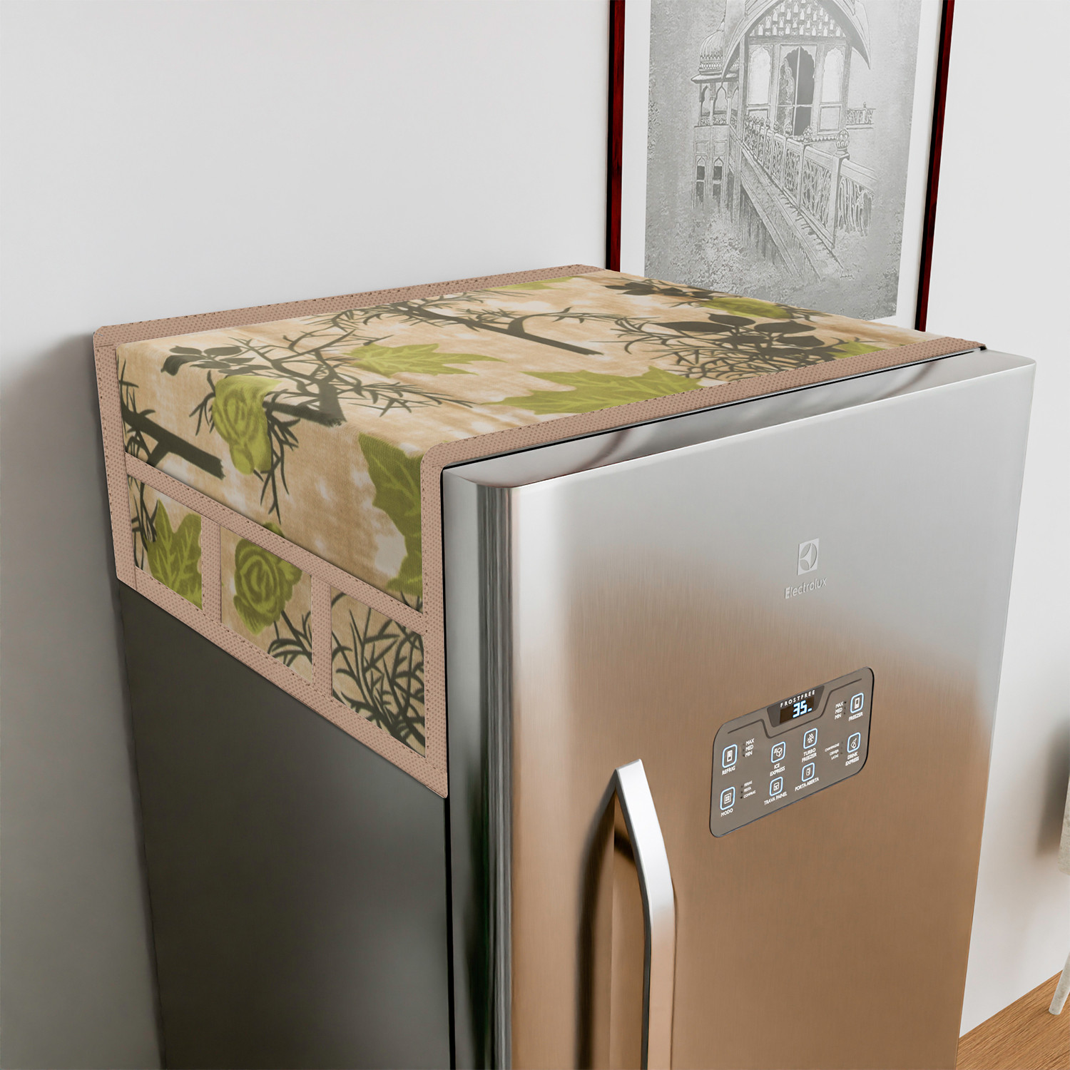 Kuber Industries Fridge Top Cover  Fridge Top Cover with Pockets  Refrigerator Top Cover for Kitchen  Fridge Top Cover with 6 Utility Pockets  Tree Kniting Fridge Cover  Green