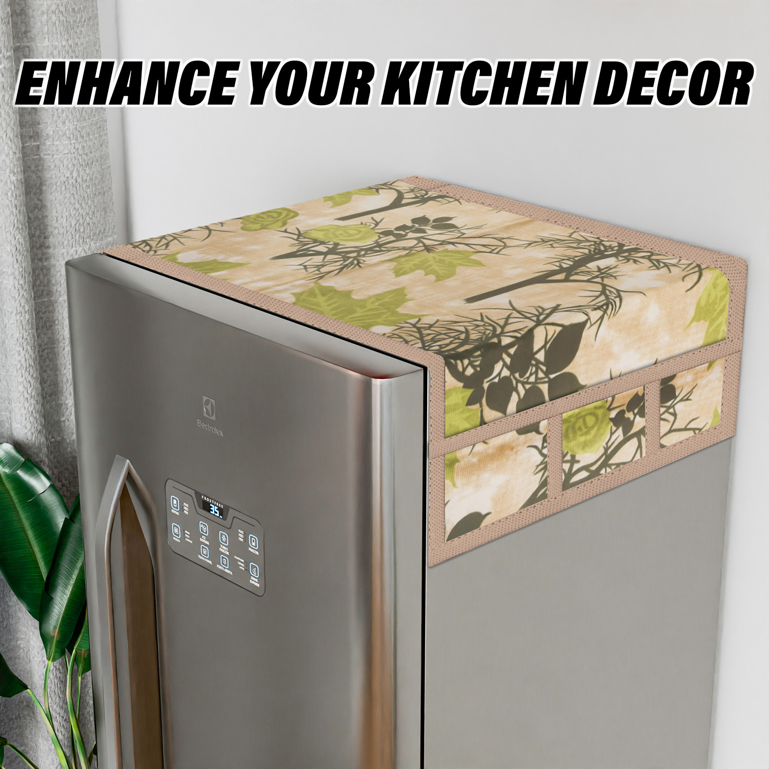 Kuber Industries Fridge Top Cover  Fridge Top Cover with Pockets  Refrigerator Top Cover for Kitchen  Fridge Top Cover with 6 Utility Pockets  Tree Kniting Fridge Cover  Green