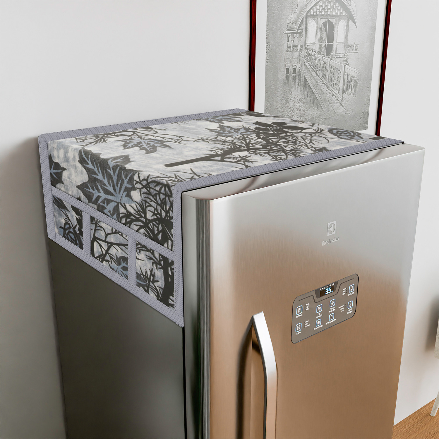 Kuber Industries Fridge Top Cover  Fridge Top Cover with Pockets  Refrigerator Top Cover for Kitchen  Fridge Top Cover with 6 Utility Pockets  Tree Kniting Fridge Cover  Gray