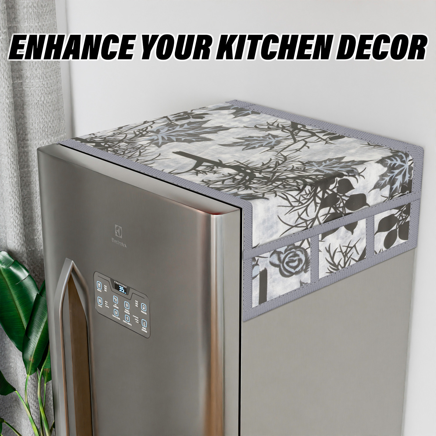 Kuber Industries Fridge Top Cover  Fridge Top Cover with Pockets  Refrigerator Top Cover for Kitchen  Fridge Top Cover with 6 Utility Pockets  Tree Kniting Fridge Cover  Gray