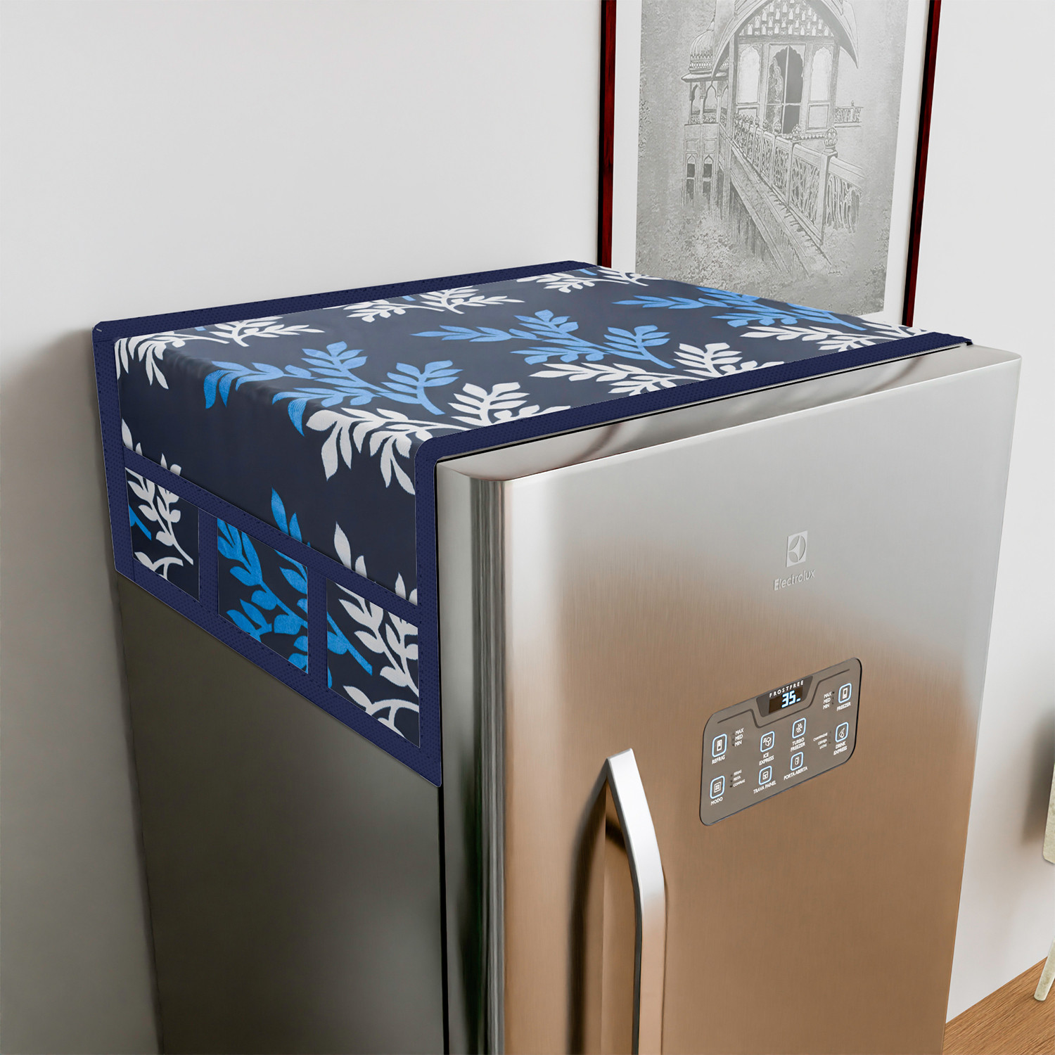 Kuber Industries Fridge Top Cover  Fridge Top Cover with Pockets  Refrigerator Top Cover for Kitchen  Fridge Top Cover with 6 Utility Pockets  Leaf Kniting Fridge Cover  Blue