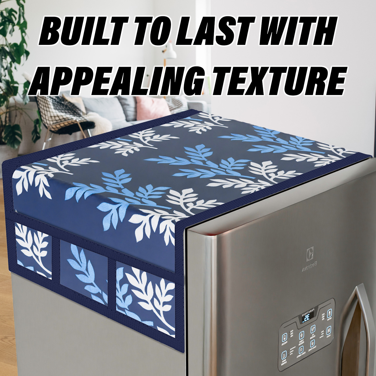Kuber Industries Fridge Top Cover  Fridge Top Cover with Pockets  Refrigerator Top Cover for Kitchen  Fridge Top Cover with 6 Utility Pockets  Leaf Kniting Fridge Cover  Blue
