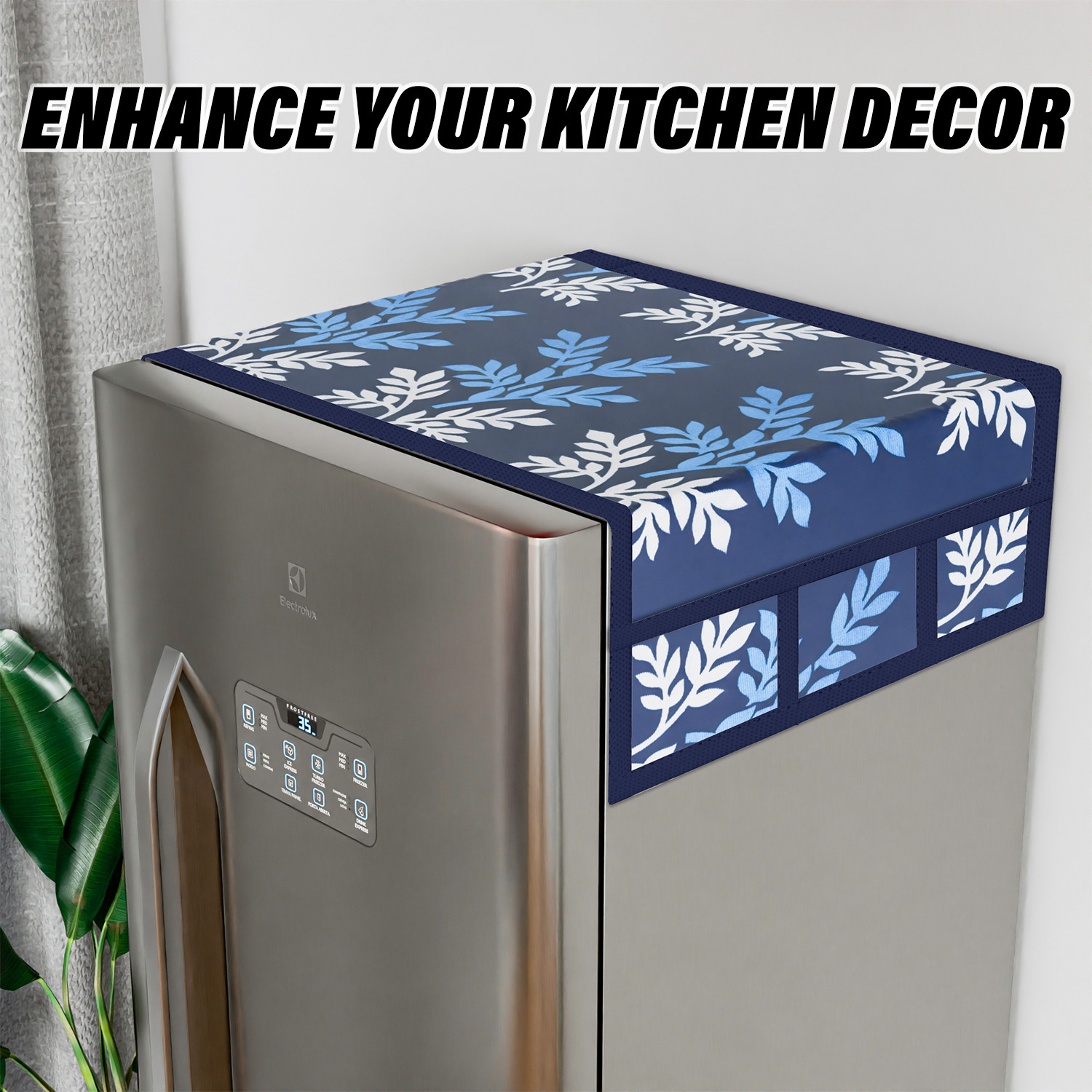 Kuber Industries Fridge Top Cover  Fridge Top Cover with Pockets  Refrigerator Top Cover for Kitchen  Fridge Top Cover with 6 Utility Pockets  Leaf Kniting Fridge Cover  Blue