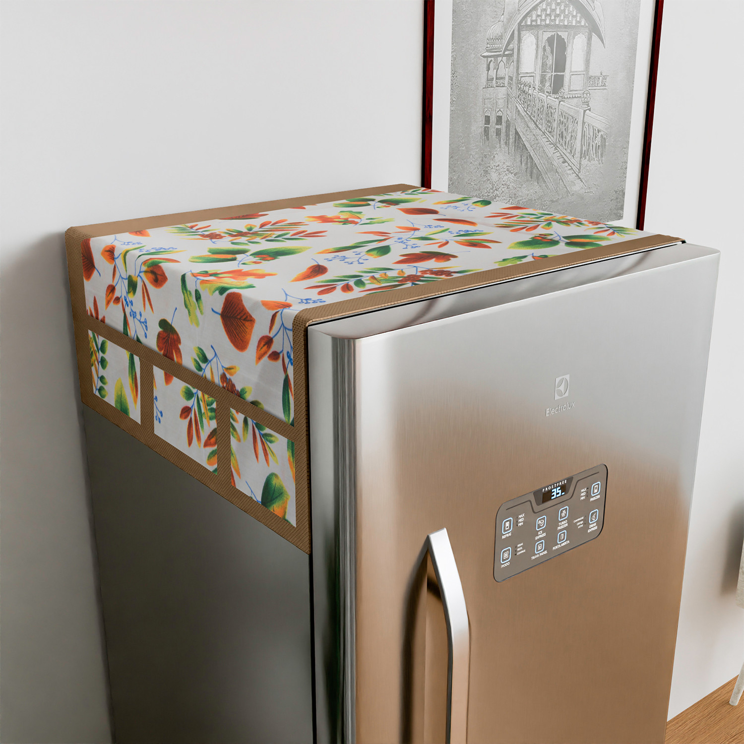 Kuber Industries Fridge Top Cover  Fridge Top Cover with Pockets  Refrigerator Top Cover for Kitchen  Fridge Top Cover with 6 Utility Pockets  Leaf Kniting Fridge Cover  Cream