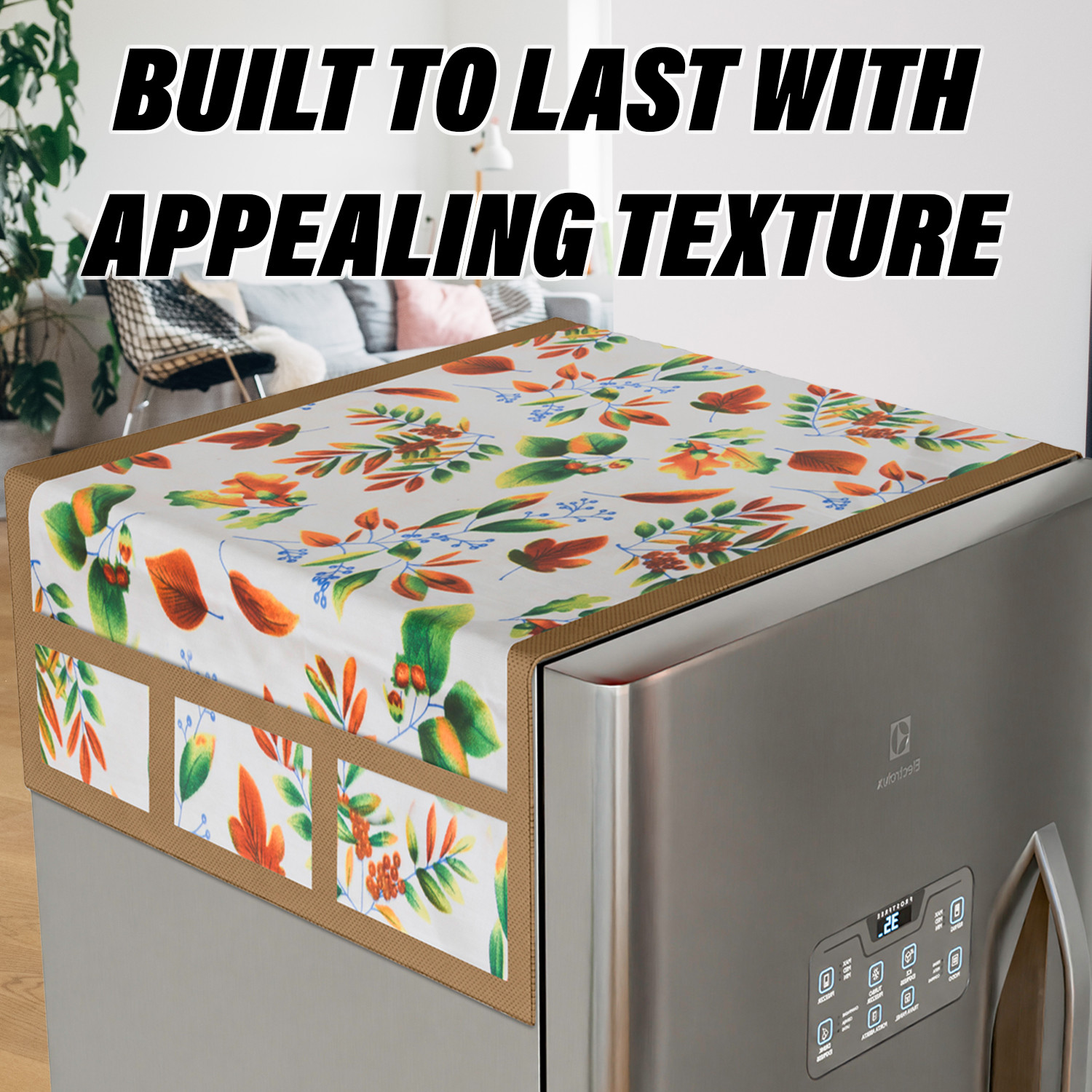 Kuber Industries Fridge Top Cover  Fridge Top Cover with Pockets  Refrigerator Top Cover for Kitchen  Fridge Top Cover with 6 Utility Pockets  Leaf Kniting Fridge Cover  Cream