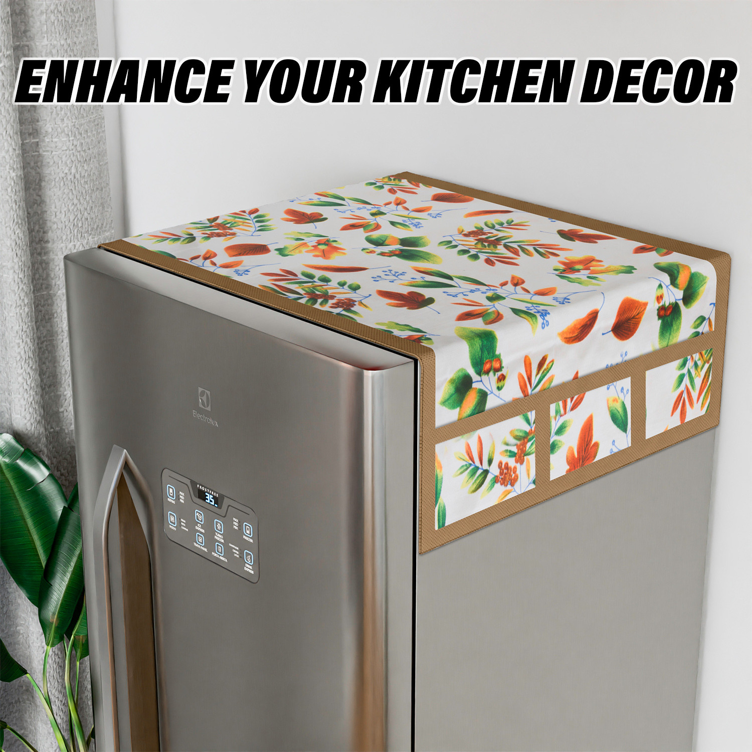 Kuber Industries Fridge Top Cover  Fridge Top Cover with Pockets  Refrigerator Top Cover for Kitchen  Fridge Top Cover with 6 Utility Pockets  Leaf Kniting Fridge Cover  Cream