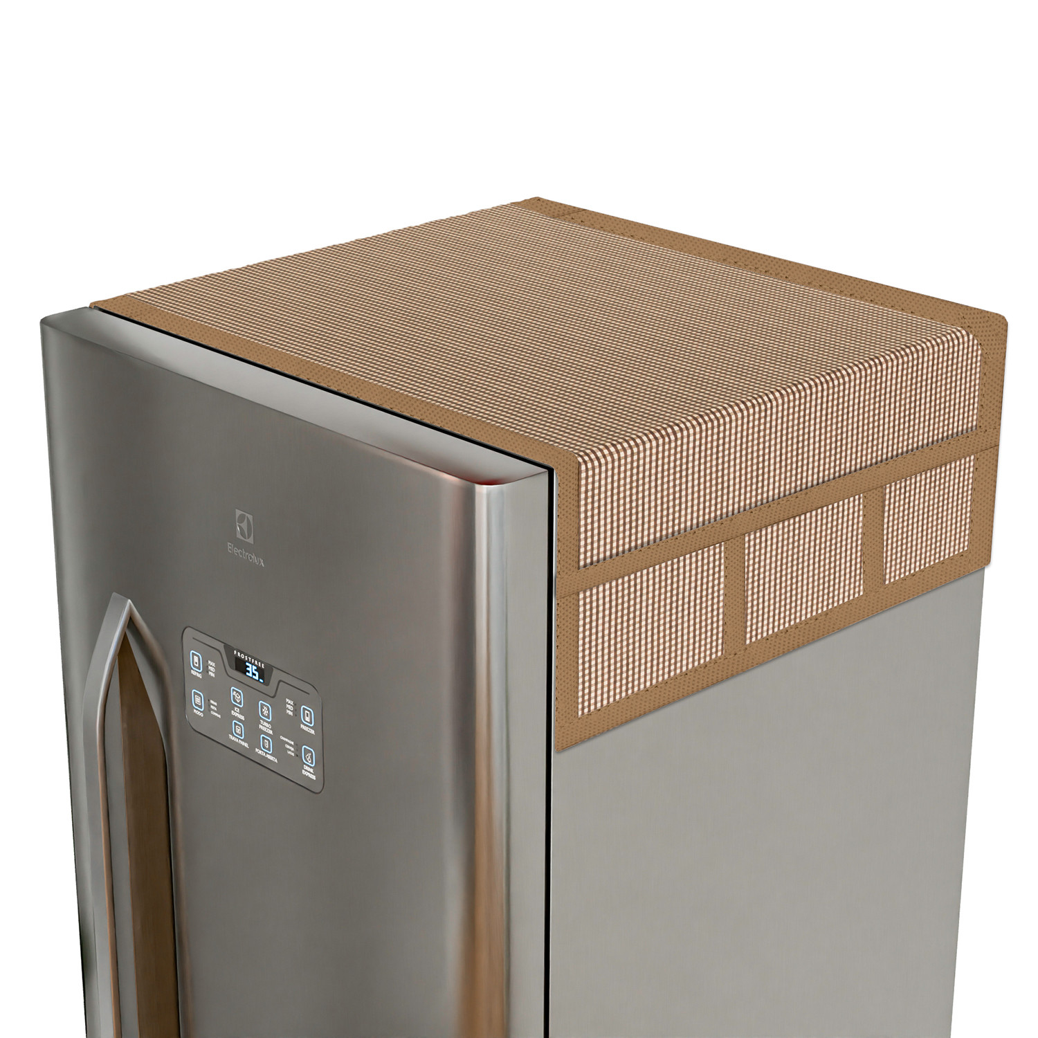 Kuber Industries Fridge Top Cover | Fridge Top Cover with Pockets | Refrigerator Top Cover for Kitchen | Fridge Top Cover with 6 Utility Pockets | Barik Check Fridge Cover | Brown