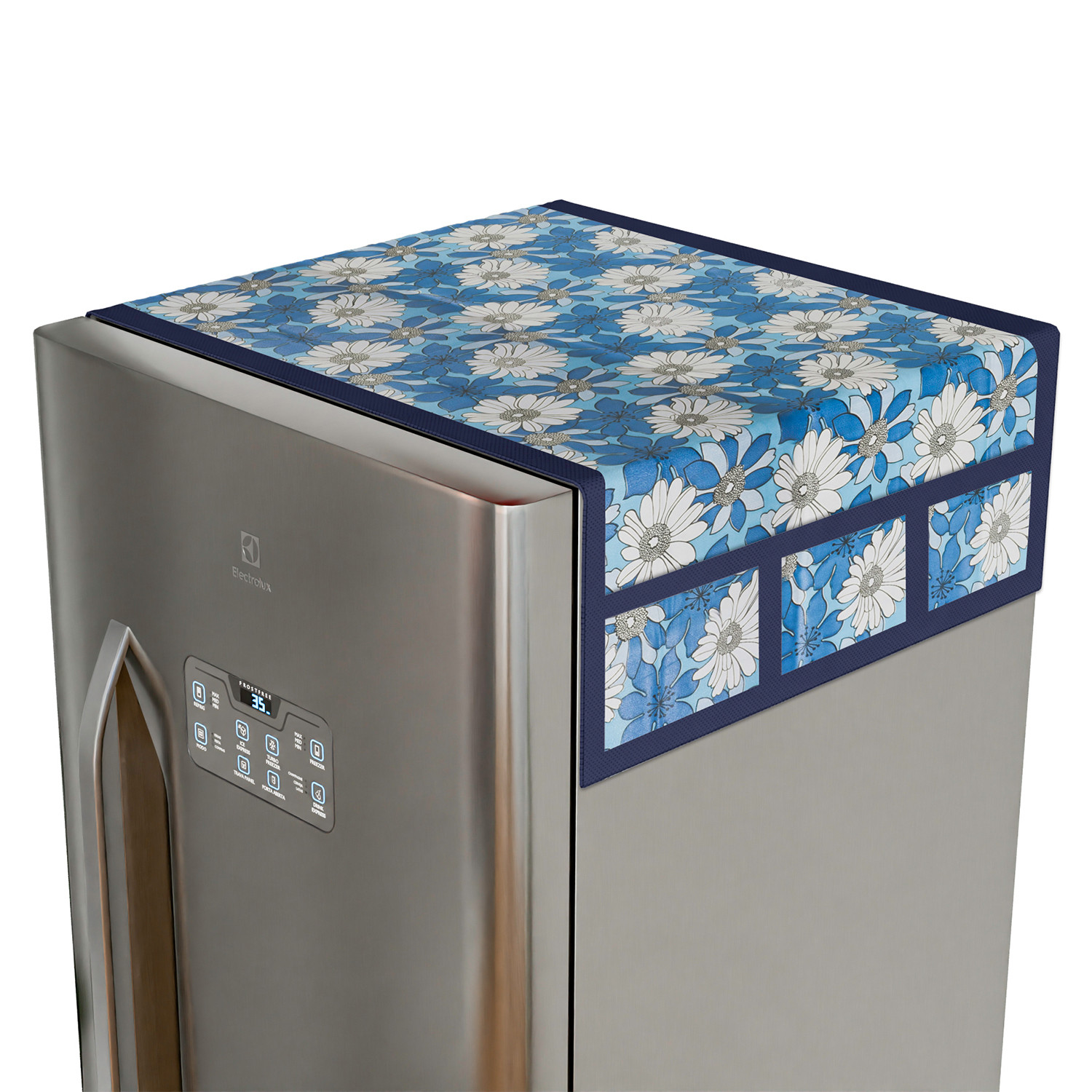 Kuber Industries Fridge Top Cover | Fridge Top Cover with Pockets | Refrigerator Top Cover for Kitchen | Fridge Top Cover with 6 Utility Pockets | White Sunflower Top Cover | Blue