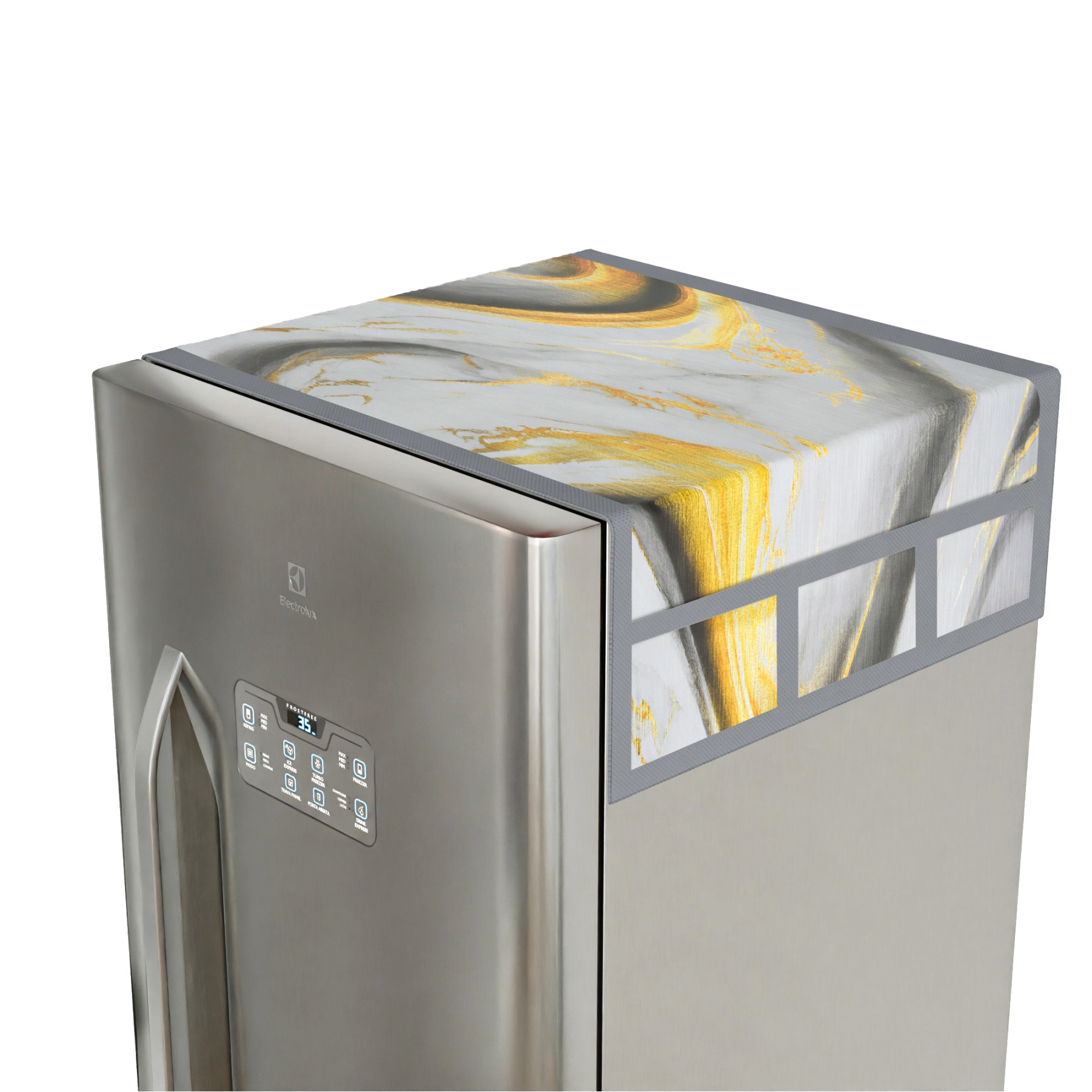 Kuber Industries Fridge Top Cover  Kitchen Refrigerator Top Cover  Dust-Proof Fridge Top Cover  Waterproof Fridge Top Cover  Fridge Top Cover with 6 Utility Pockets  Golden Marvel Design  Grey