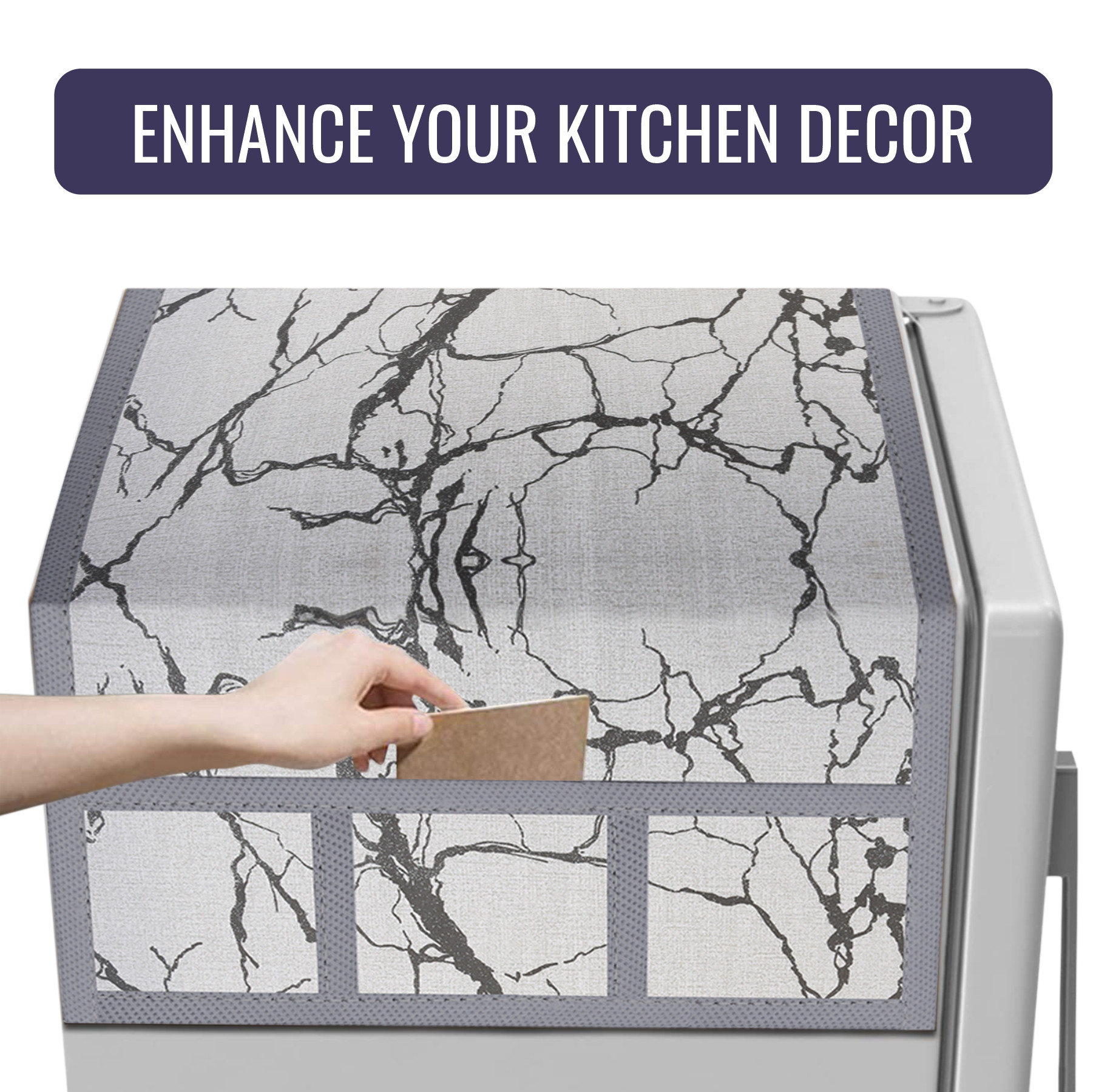 Kuber Industries Fridge Top Cover  Kitchen Refrigerator Top Cover  Dust-Proof Fridge Top Cover  Waterproof Fridge Top Cover  Fridge Top Cover with 6 Utility Pockets  Marble Design  Light Grey