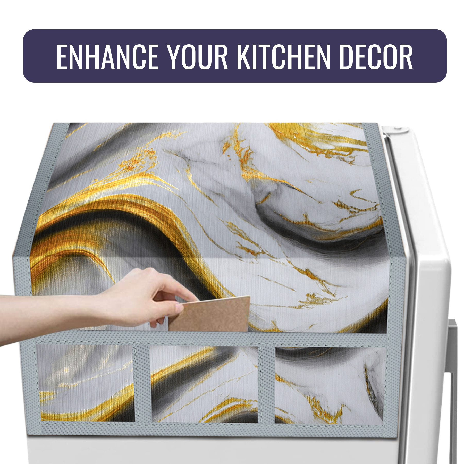 Kuber Industries Fridge Top Cover  Kitchen Refrigerator Top Cover  Dust-Proof Fridge Top Cover  Waterproof Fridge Top Cover  Fridge Top Cover with 6 Utility Pockets  Golden Marvel Design  Grey
