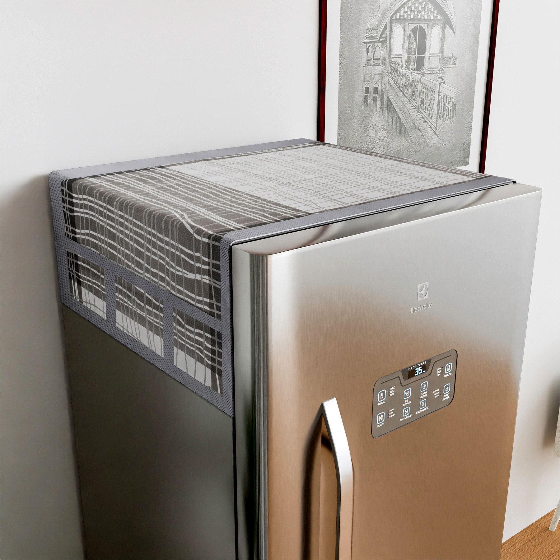 Kuber Industries Fridge Top Cover  PVC Fridge Top Cover  Black Lining Fridge Top Cover  Refrigerator Cover with 6 Side Pockets  Refrigerator Top Protector  Appliance Cover  Gray