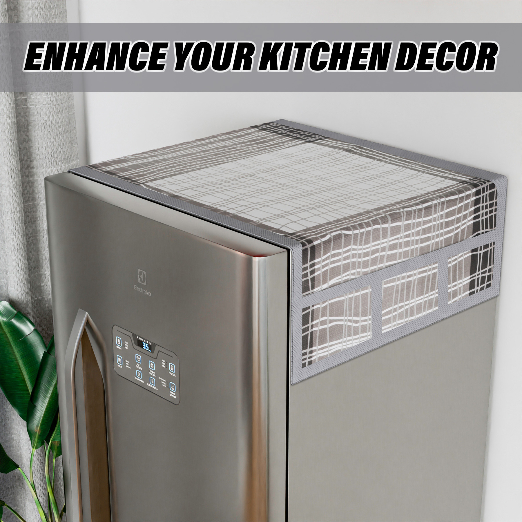 Kuber Industries Fridge Top Cover  PVC Fridge Top Cover  Black Lining Fridge Top Cover  Refrigerator Cover with 6 Side Pockets  Refrigerator Top Protector  Appliance Cover  Gray