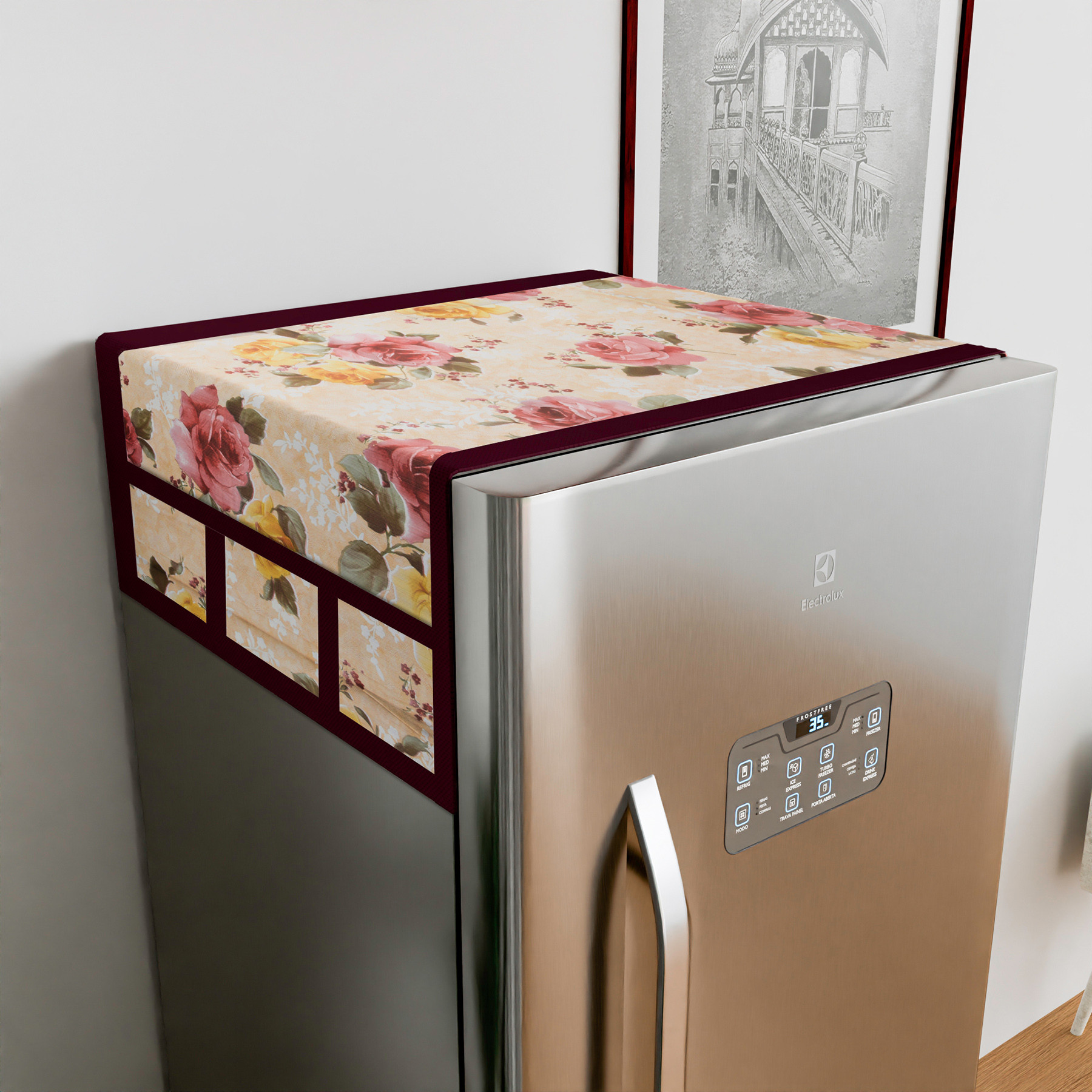 Kuber Industries Fridge Top Cover  PVC Fridge Top Cover  Flower Fridge Top Cover  Refrigerator Cover with 6 Side Pockets  Refrigerator Top Protector  Appliance Cover  Beige