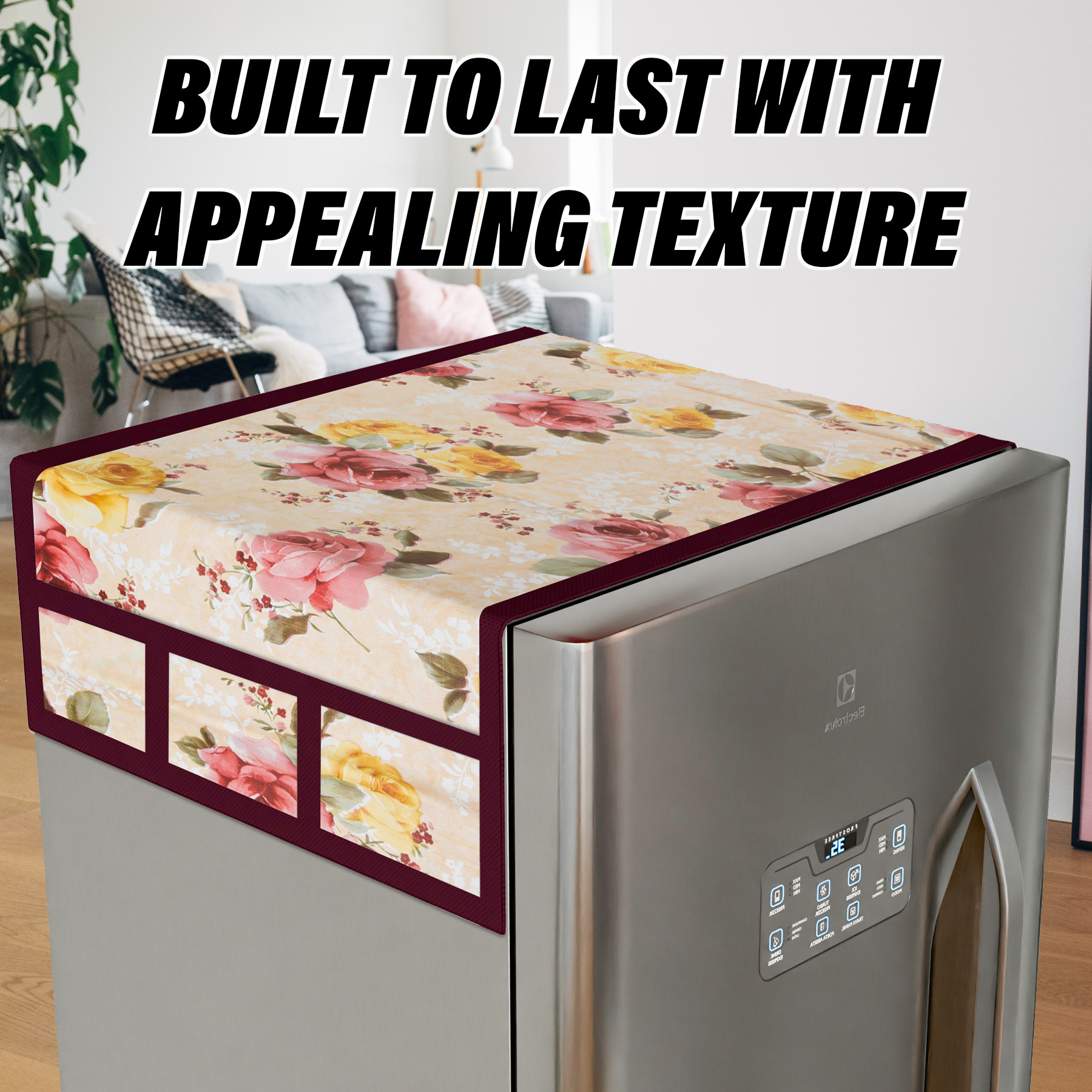 Kuber Industries Fridge Top Cover  PVC Fridge Top Cover  Flower Fridge Top Cover  Refrigerator Cover with 6 Side Pockets  Refrigerator Top Protector  Appliance Cover  Beige