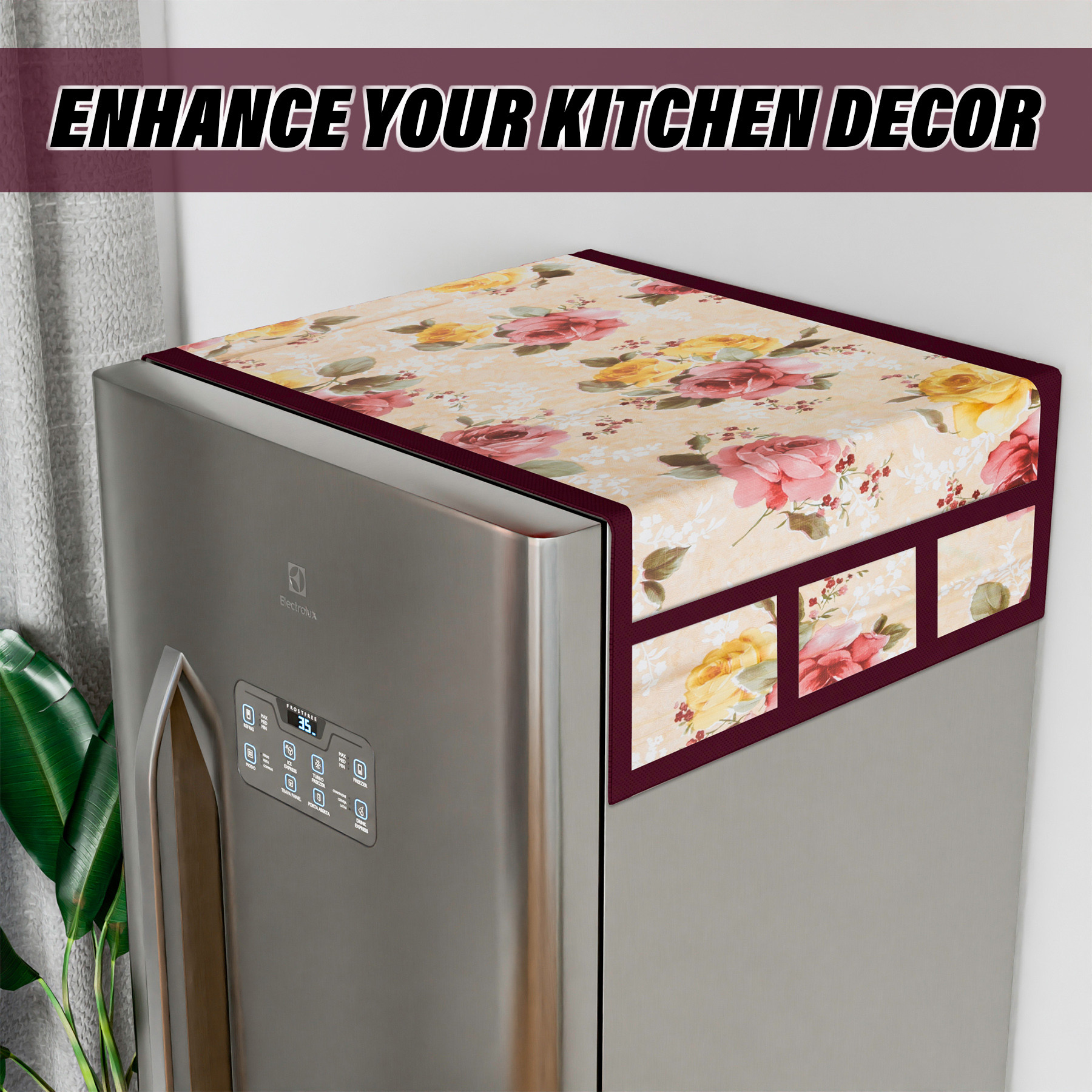 Kuber Industries Fridge Top Cover  PVC Fridge Top Cover  Flower Fridge Top Cover  Refrigerator Cover with 6 Side Pockets  Refrigerator Top Protector  Appliance Cover  Beige