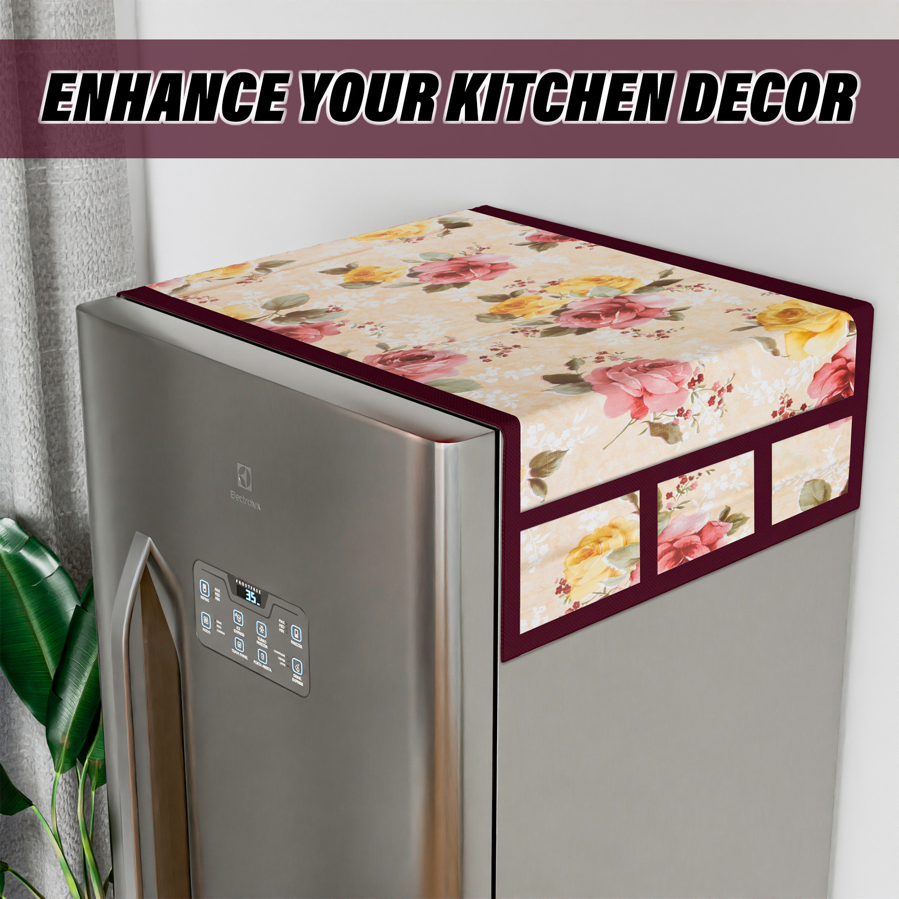 Kuber Industries Fridge Top Cover | PVC Fridge Top Cover | Flower Fridge Top Cover | Refrigerator Cover with 6 Side Pockets | Refrigerator Top Protector | Appliance Cover | Beige