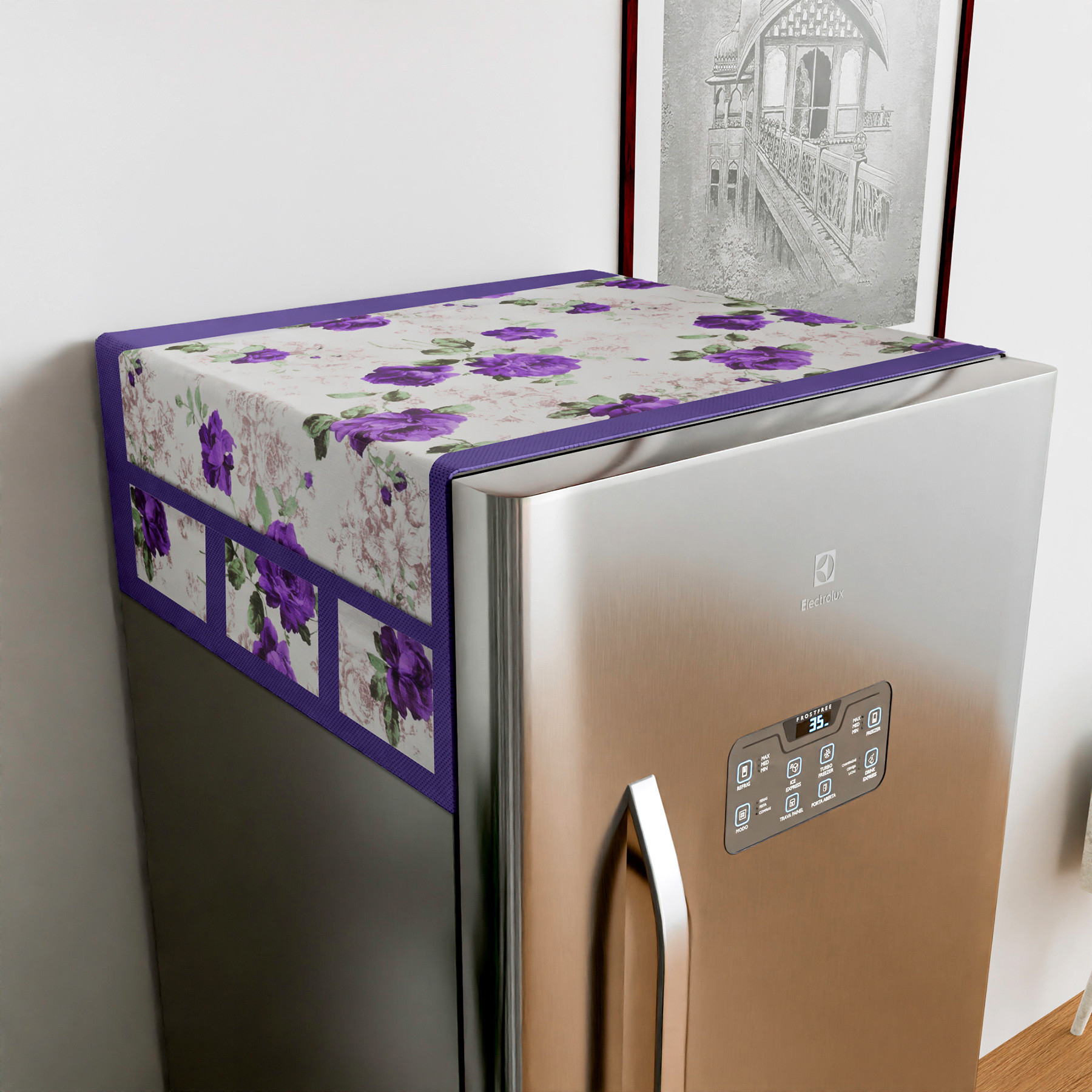 Kuber Industries Fridge Top Cover  PVC Fridge Top Cover  Purple Flower Fridge Top Cover  Refrigerator Cover with 6 Side Pockets  Refrigerator Top Protector  Appliance Cover  White