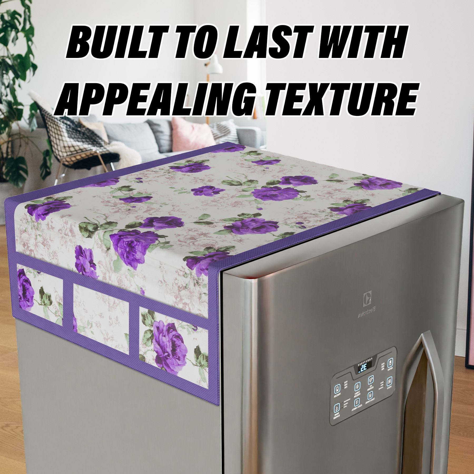 Kuber Industries Fridge Top Cover  PVC Fridge Top Cover  Purple Flower Fridge Top Cover  Refrigerator Cover with 6 Side Pockets  Refrigerator Top Protector  Appliance Cover  White