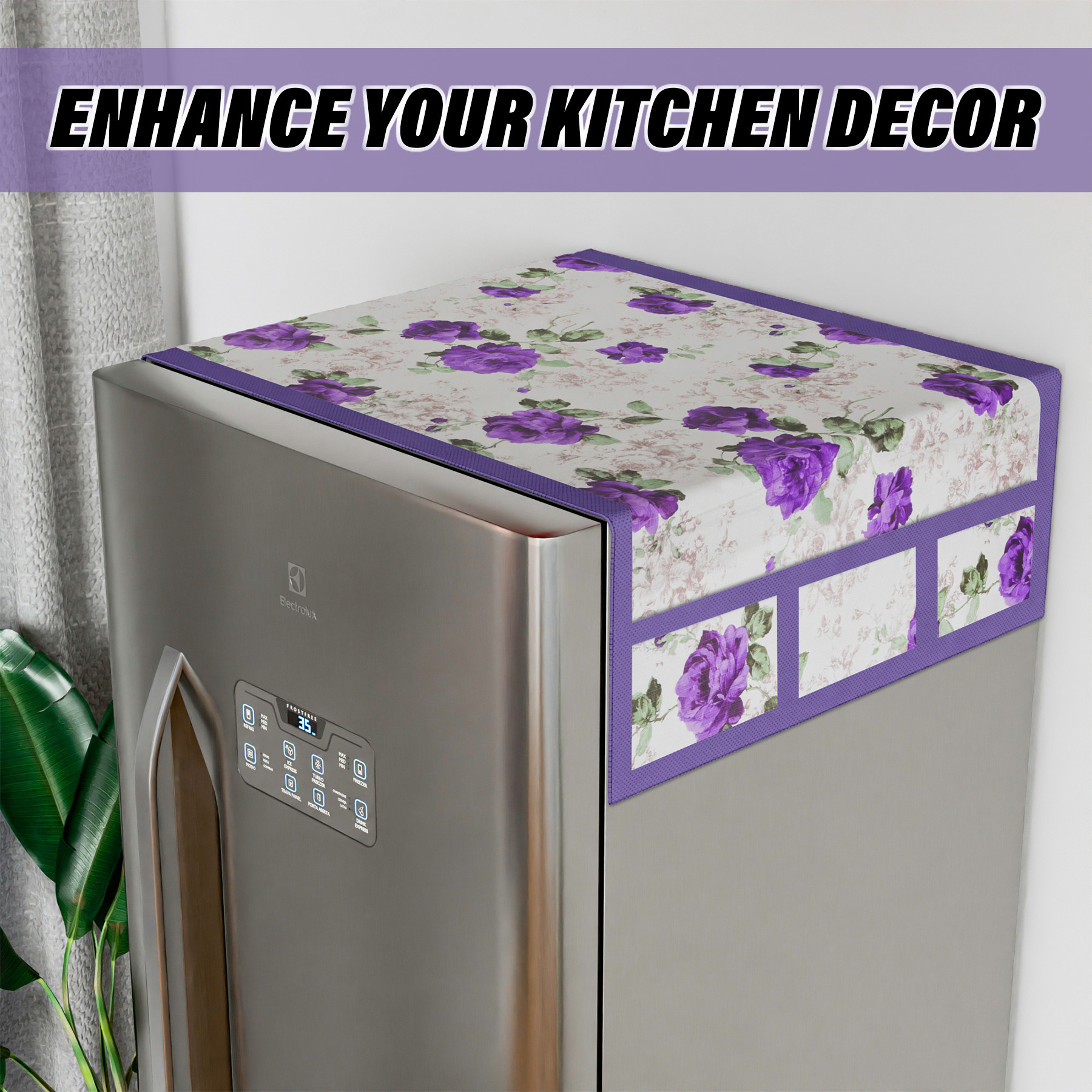 Kuber Industries Fridge Top Cover  PVC Fridge Top Cover  Purple Flower Fridge Top Cover  Refrigerator Cover with 6 Side Pockets  Refrigerator Top Protector  Appliance Cover  White