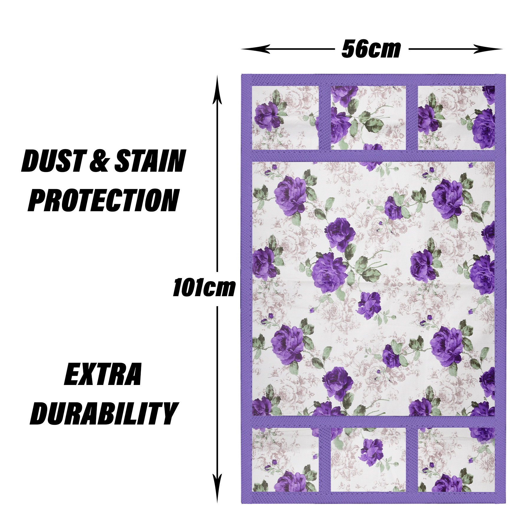 Kuber Industries Fridge Top Cover | PVC Fridge Top Cover | Purple Flower Fridge Top Cover | Refrigerator Cover with 6 Side Pockets | Refrigerator Top Protector | Appliance Cover | White