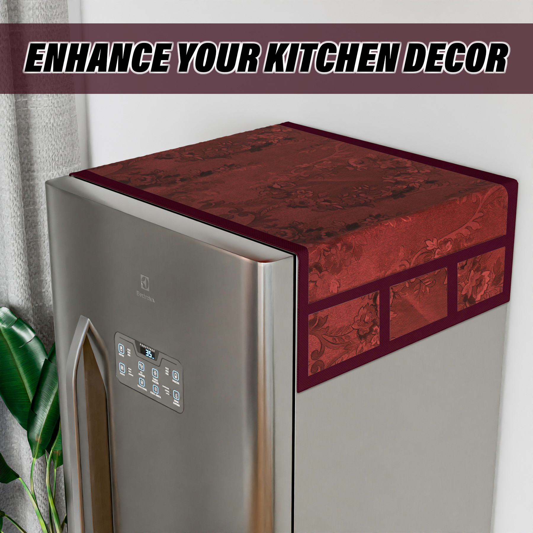 Kuber Industries Fridge Top Cover  PVC Fridge Top Cover  Refrigerator Cover with 6 Side Pockets  Refrigerator Top Protector  Appliance Cover  Fridge Top Cover 101  Maroon