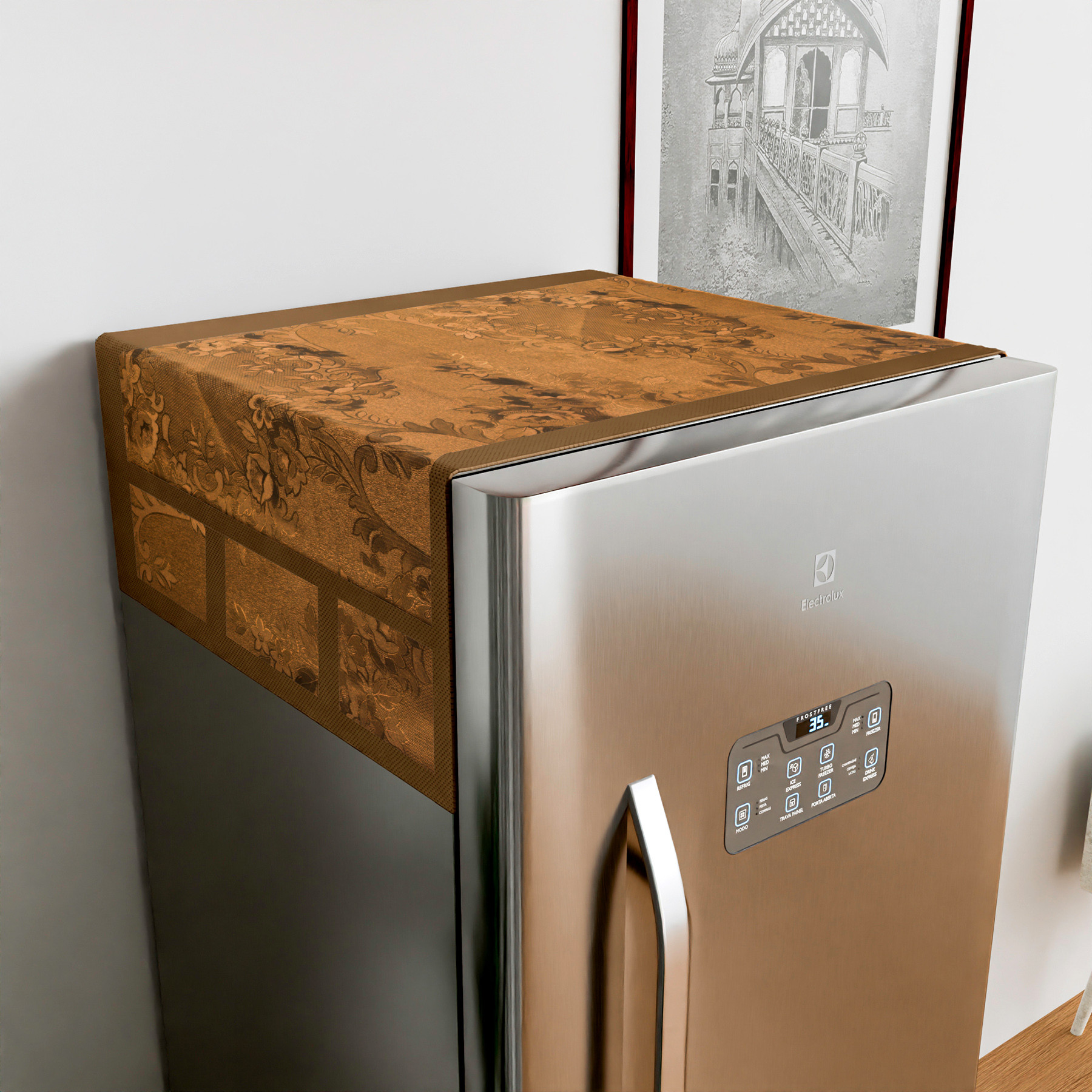 Kuber Industries Fridge Top Cover  PVC Fridge Top Cover  Refrigerator Cover with 6 Side Pockets  Refrigerator Top Protector  Appliance Cover  Fridge Top Cover 101  Golden