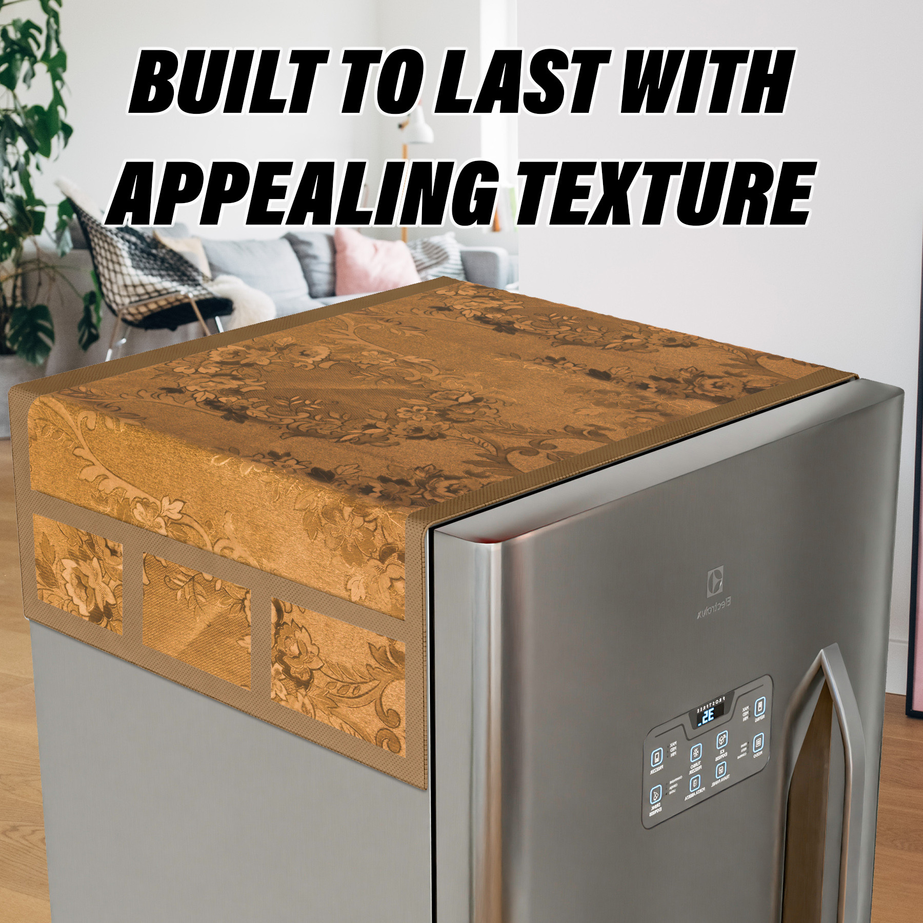 Kuber Industries Fridge Top Cover  PVC Fridge Top Cover  Refrigerator Cover with 6 Side Pockets  Refrigerator Top Protector  Appliance Cover  Fridge Top Cover 101  Golden