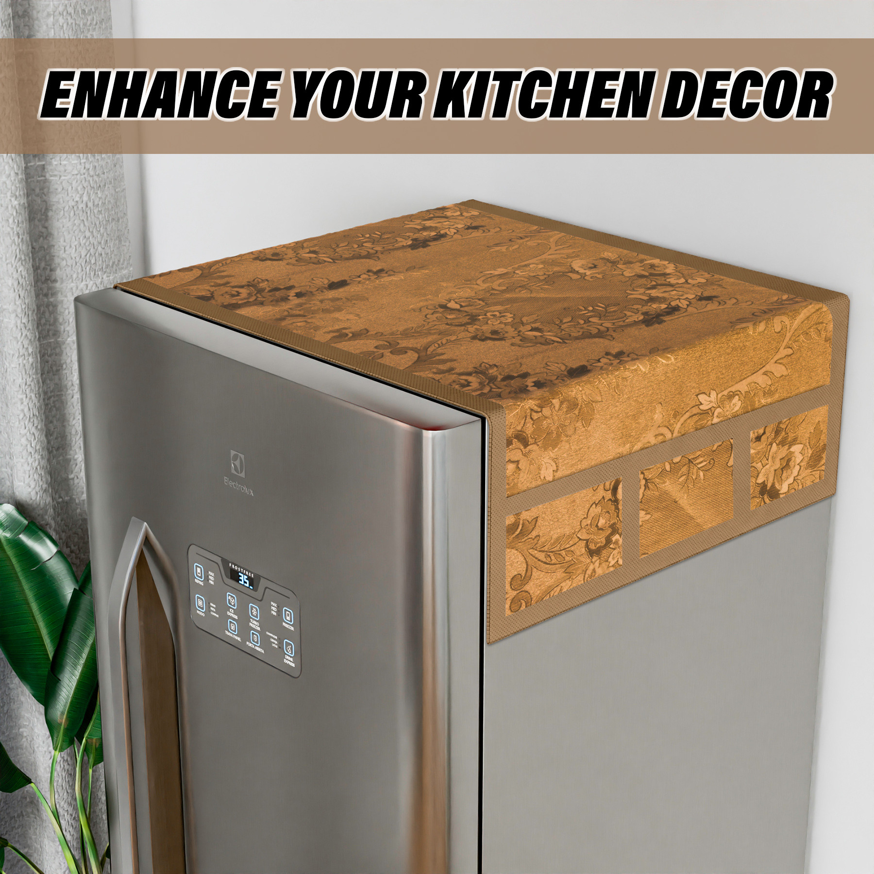 Kuber Industries Fridge Top Cover  PVC Fridge Top Cover  Refrigerator Cover with 6 Side Pockets  Refrigerator Top Protector  Appliance Cover  Fridge Top Cover 101  Golden