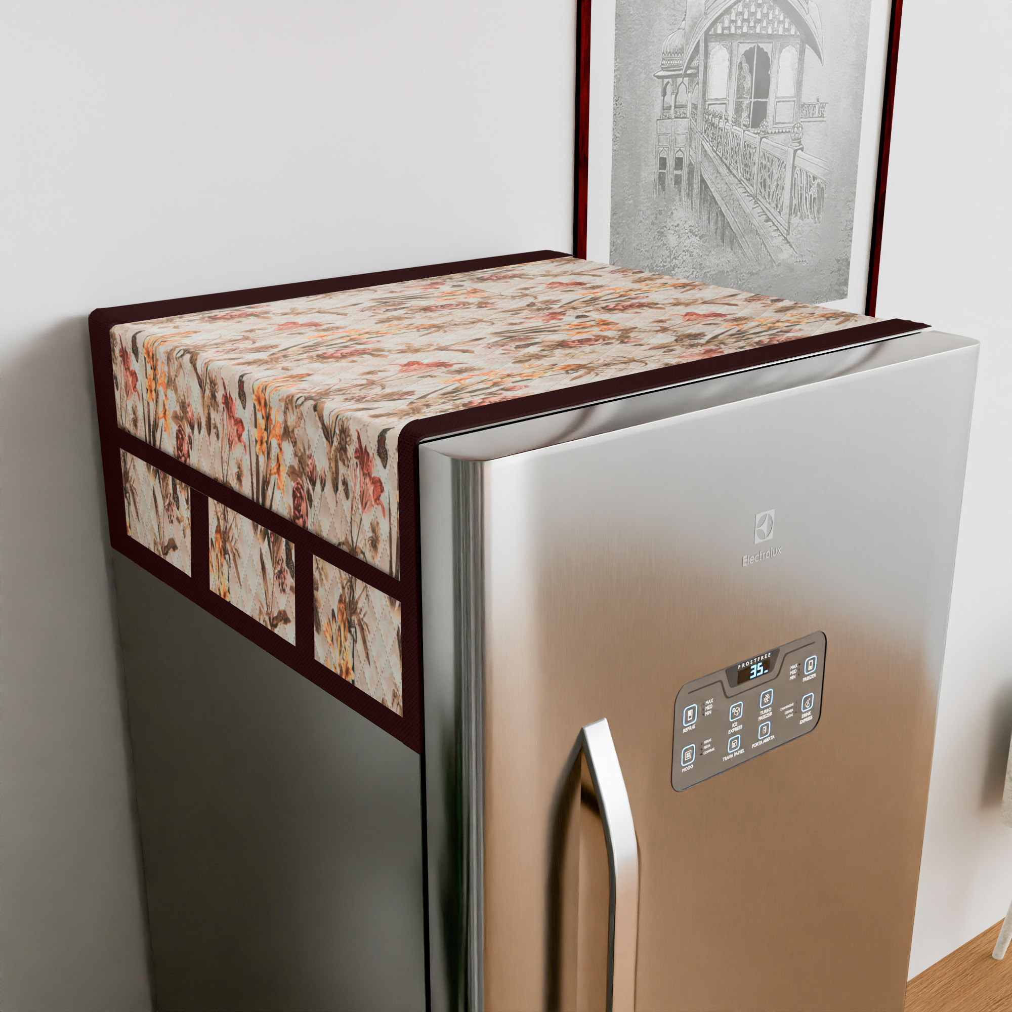 Kuber Industries Fridge Top Cover  Quilted Fabric Refrigerator Top Cover  Multi-Utility 6 Pockets  Refrigerator Top Cover for Kitchen  Refrigerator Dust Proof Cover  Brown Flower  Cream