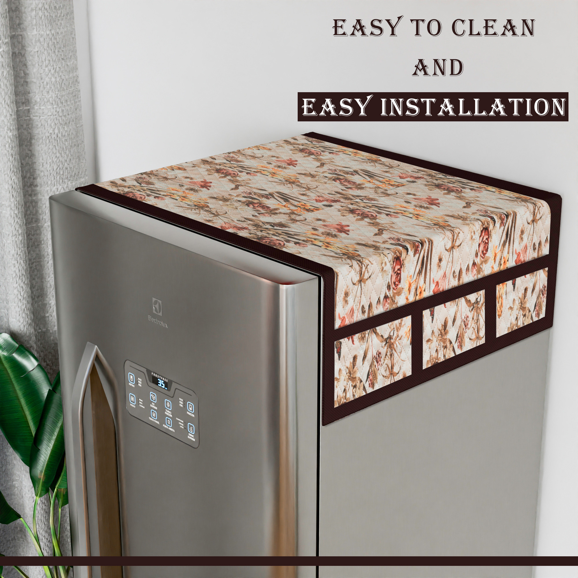 Kuber Industries Fridge Top Cover  Quilted Fabric Refrigerator Top Cover  Multi-Utility 6 Pockets  Refrigerator Top Cover for Kitchen  Refrigerator Dust Proof Cover  Brown Flower  Cream