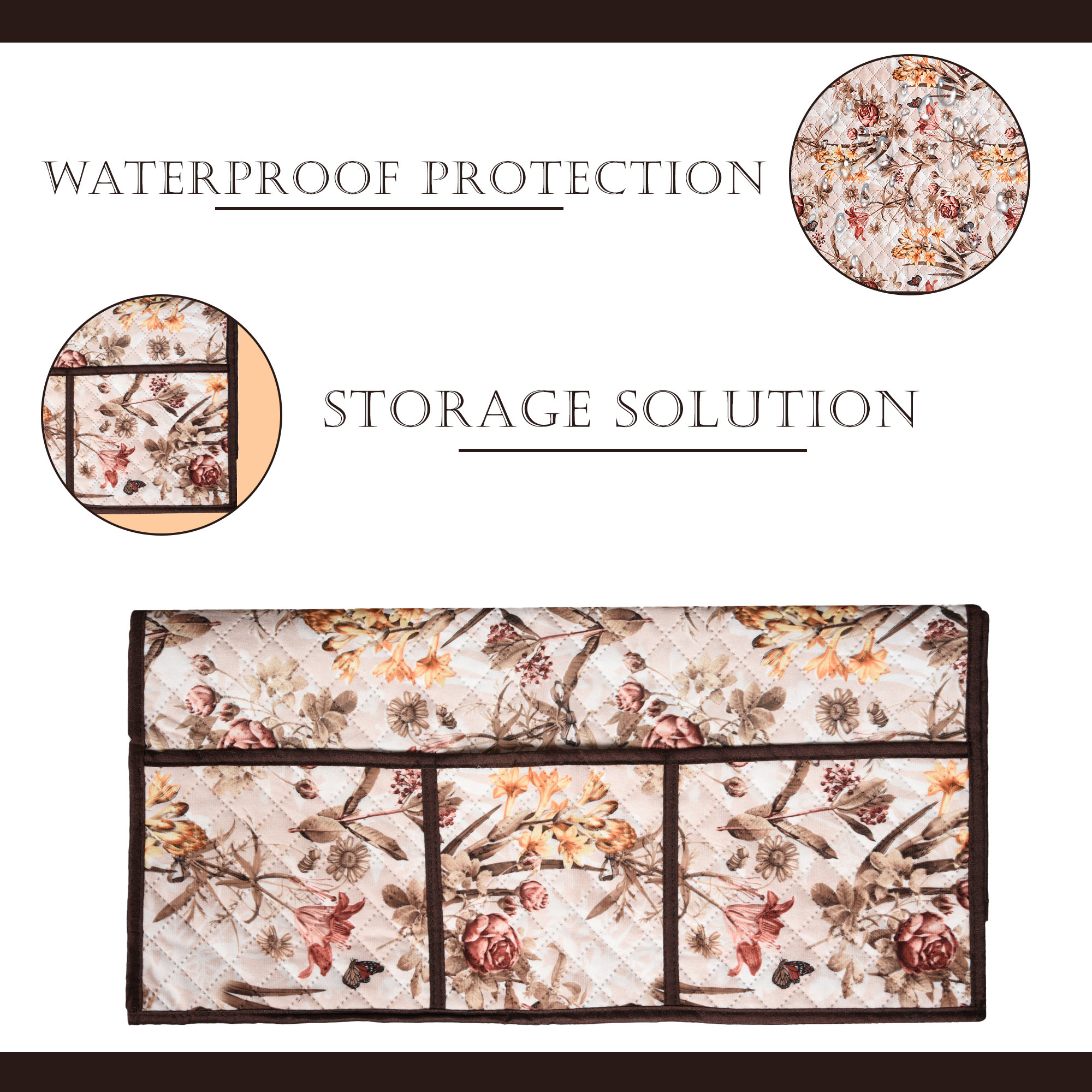 Kuber Industries Fridge Top Cover  Quilted Fabric Refrigerator Top Cover  Multi-Utility 6 Pockets  Refrigerator Top Cover for Kitchen  Refrigerator Dust Proof Cover  Brown Flower  Cream