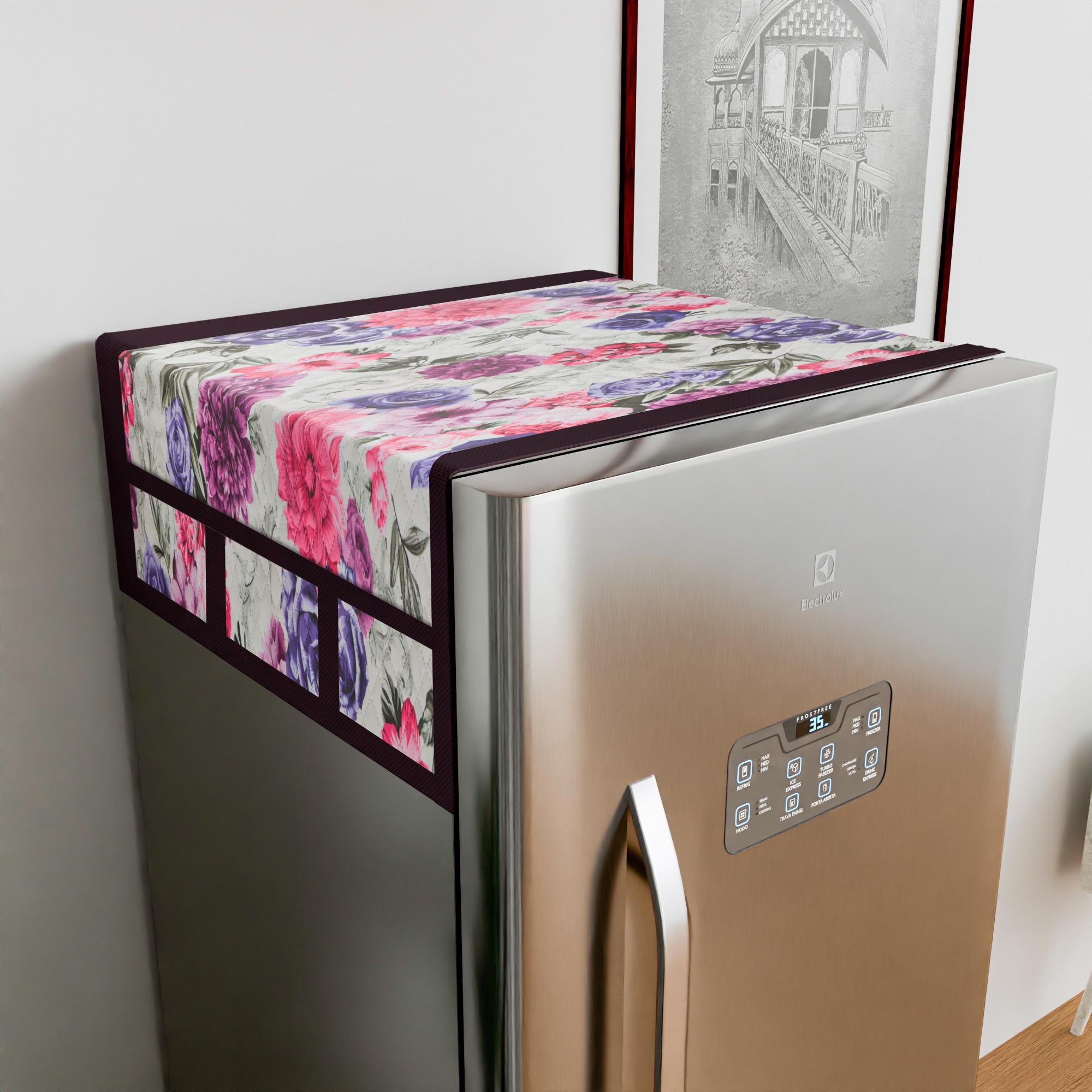 Kuber Industries Fridge Top Cover  Quilted Fabric Refrigerator Top Cover  Refrigerator Top Cover for Kitchen  Multi-Utility 6 Pockets  Refrigerator Dust Proof Cover  Pink Flower  Cream