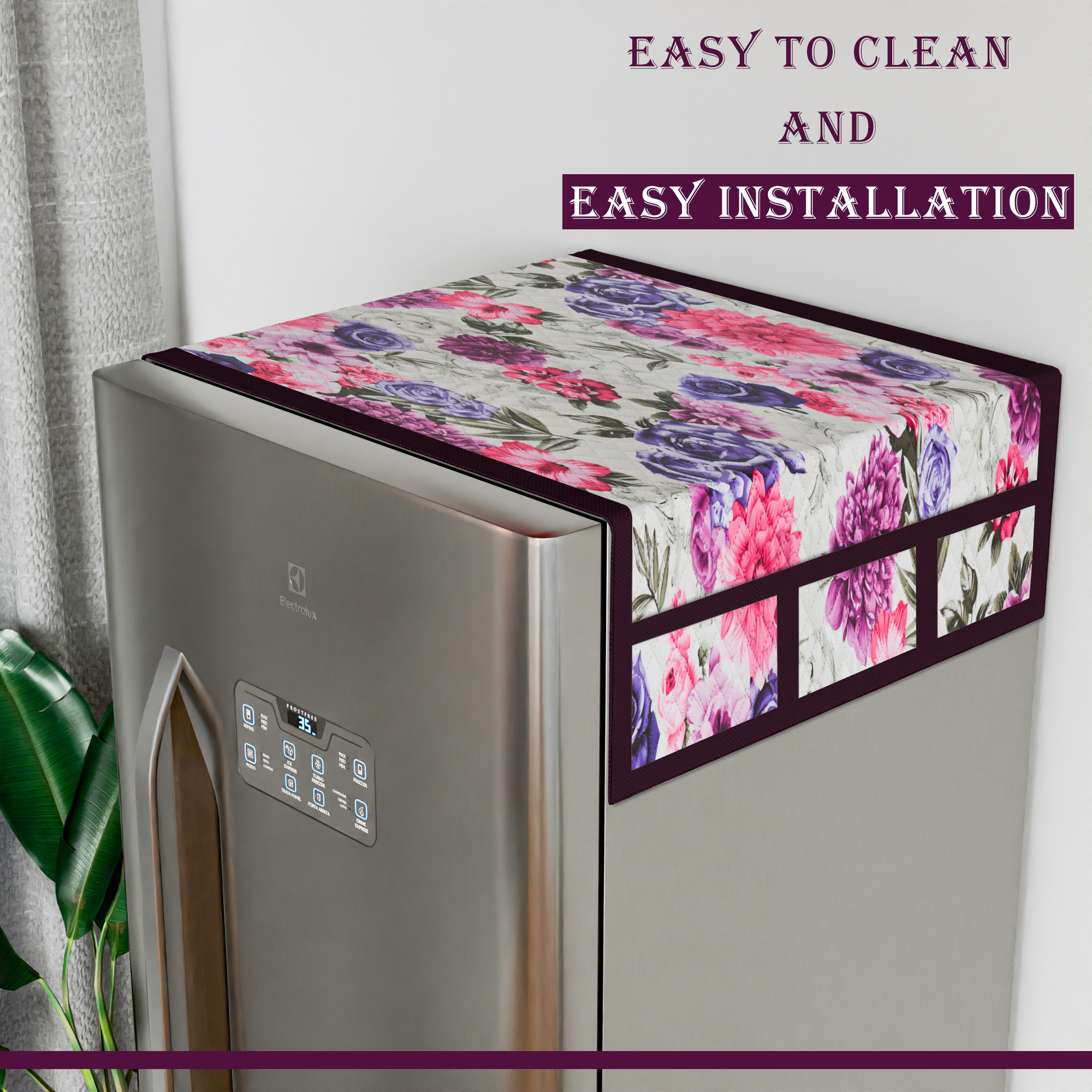 Kuber Industries Fridge Top Cover  Quilted Fabric Refrigerator Top Cover  Refrigerator Top Cover for Kitchen  Multi-Utility 6 Pockets  Refrigerator Dust Proof Cover  Pink Flower  Cream