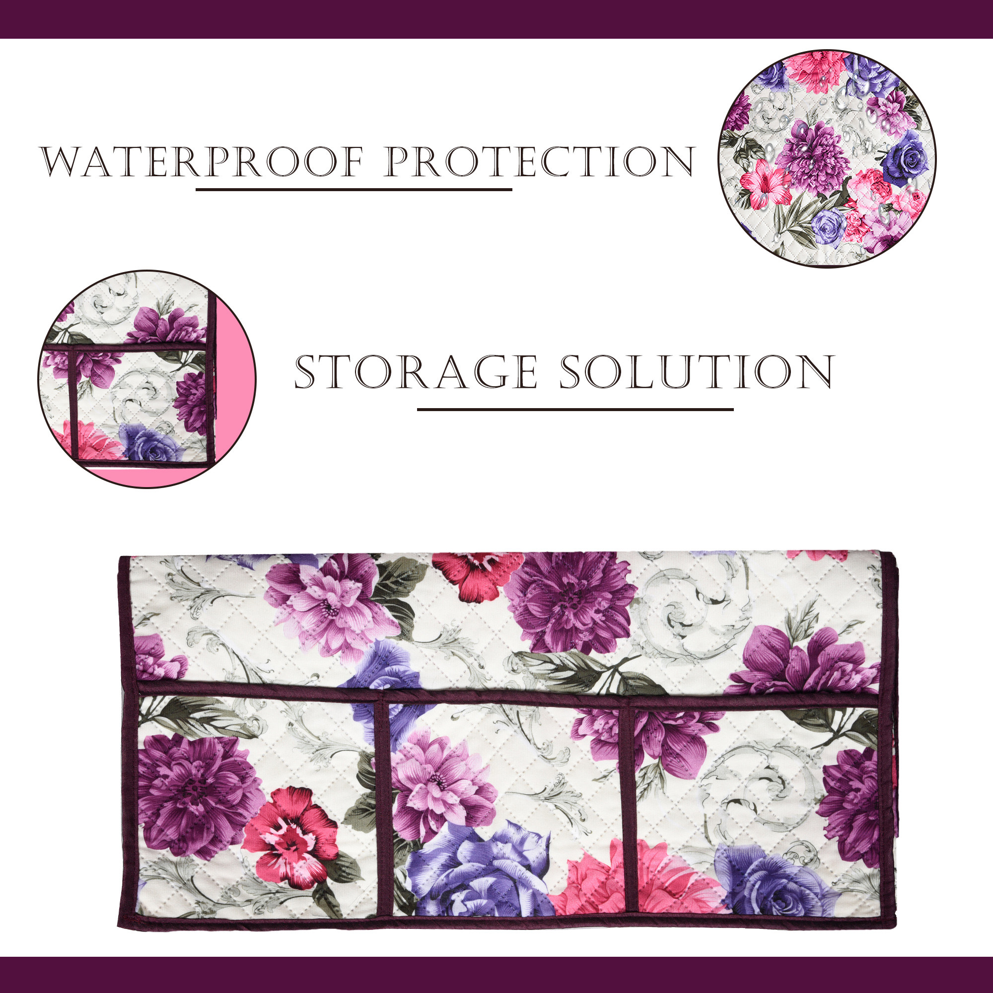 Kuber Industries Fridge Top Cover  Quilted Fabric Refrigerator Top Cover  Refrigerator Top Cover for Kitchen  Multi-Utility 6 Pockets  Refrigerator Dust Proof Cover  Pink Flower  Cream