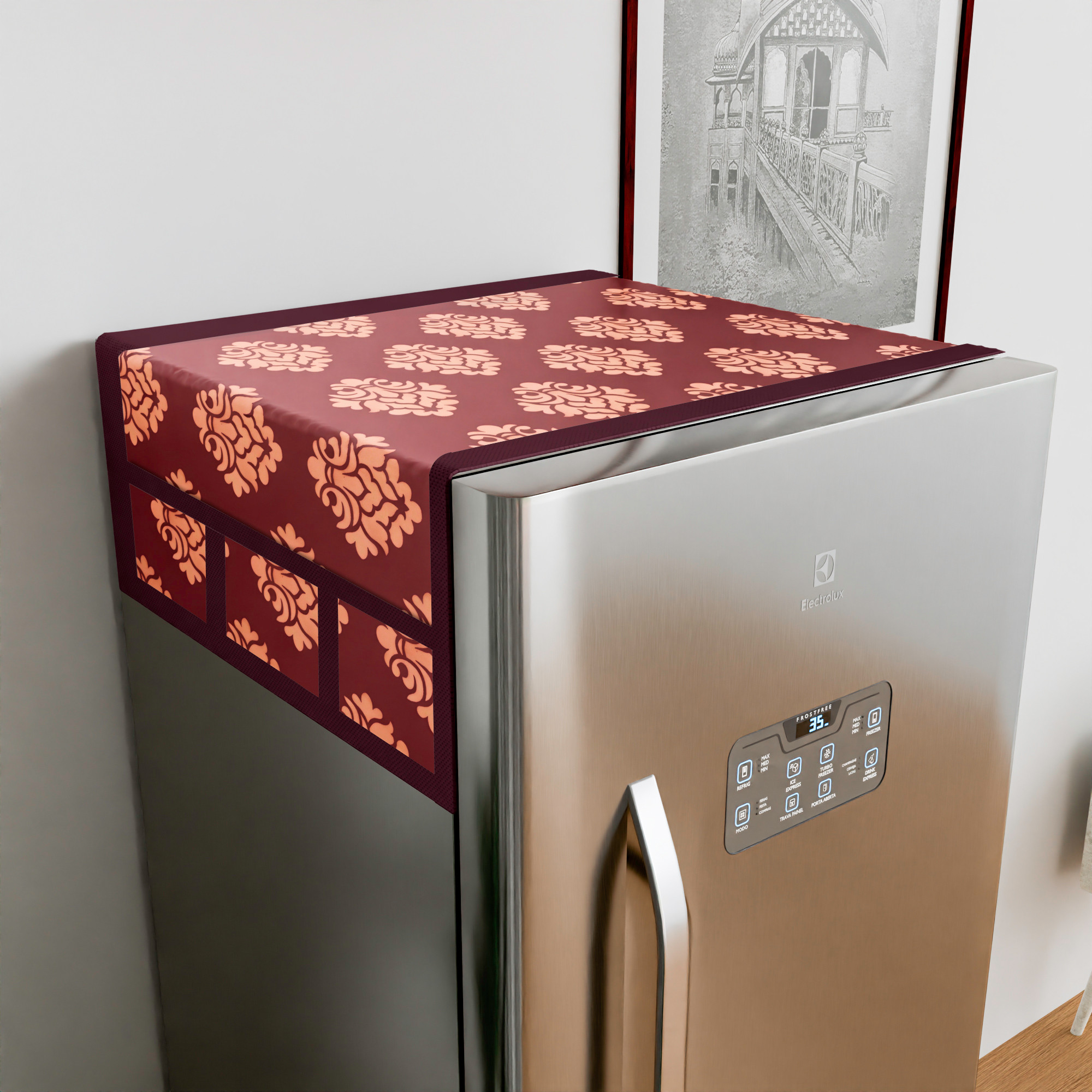 Kuber Industries Fridge Top Cover  Refrigerator Top Cover  Fridge Cover for Kitchen  Multi-Utility 6 Storage Pockets  Refrigerator Dust Proof Cover  XL  Knitting Square Print  Maroon