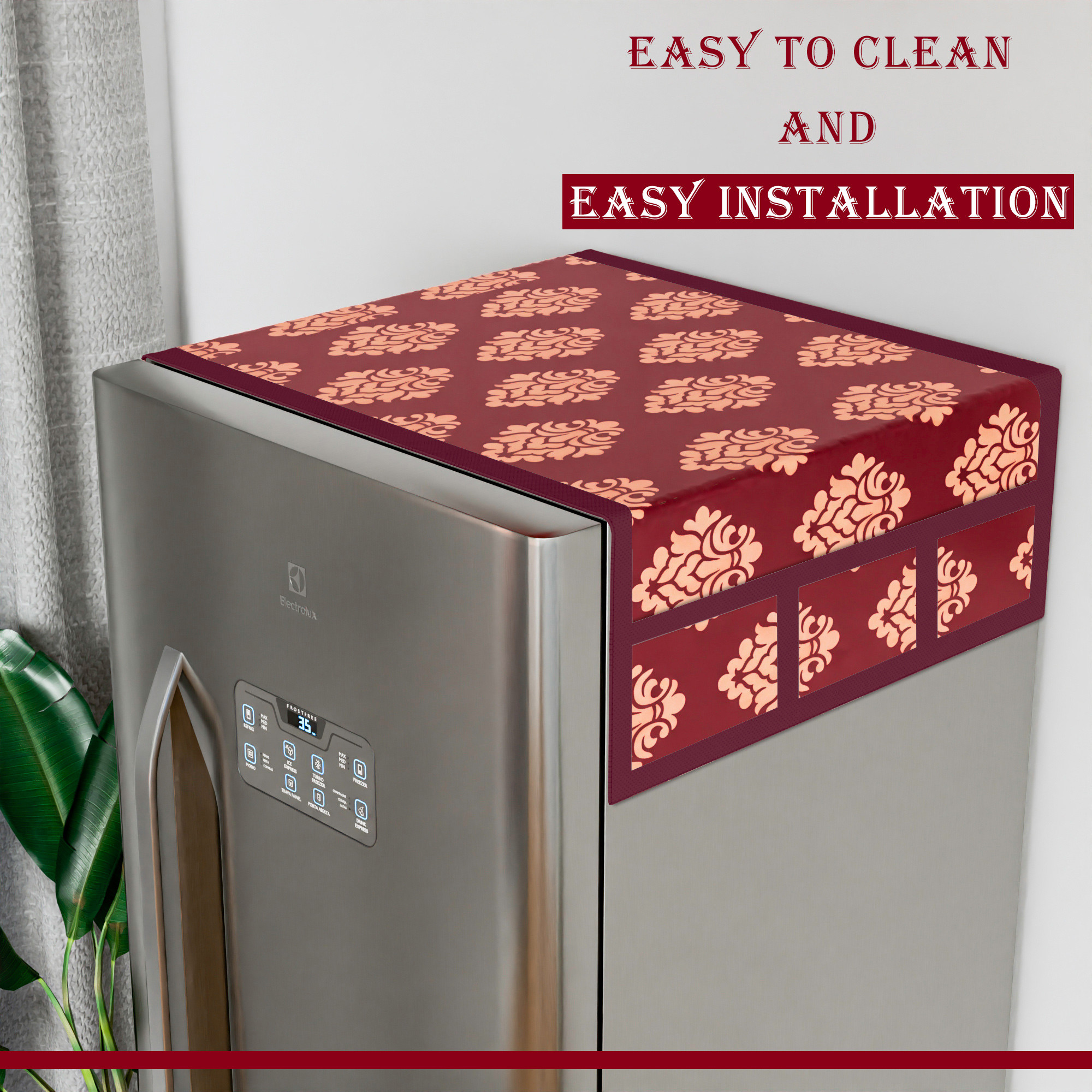 Kuber Industries Fridge Top Cover  Refrigerator Top Cover  Fridge Cover for Kitchen  Multi-Utility 6 Storage Pockets  Refrigerator Dust Proof Cover  XL  Knitting Square Print  Maroon