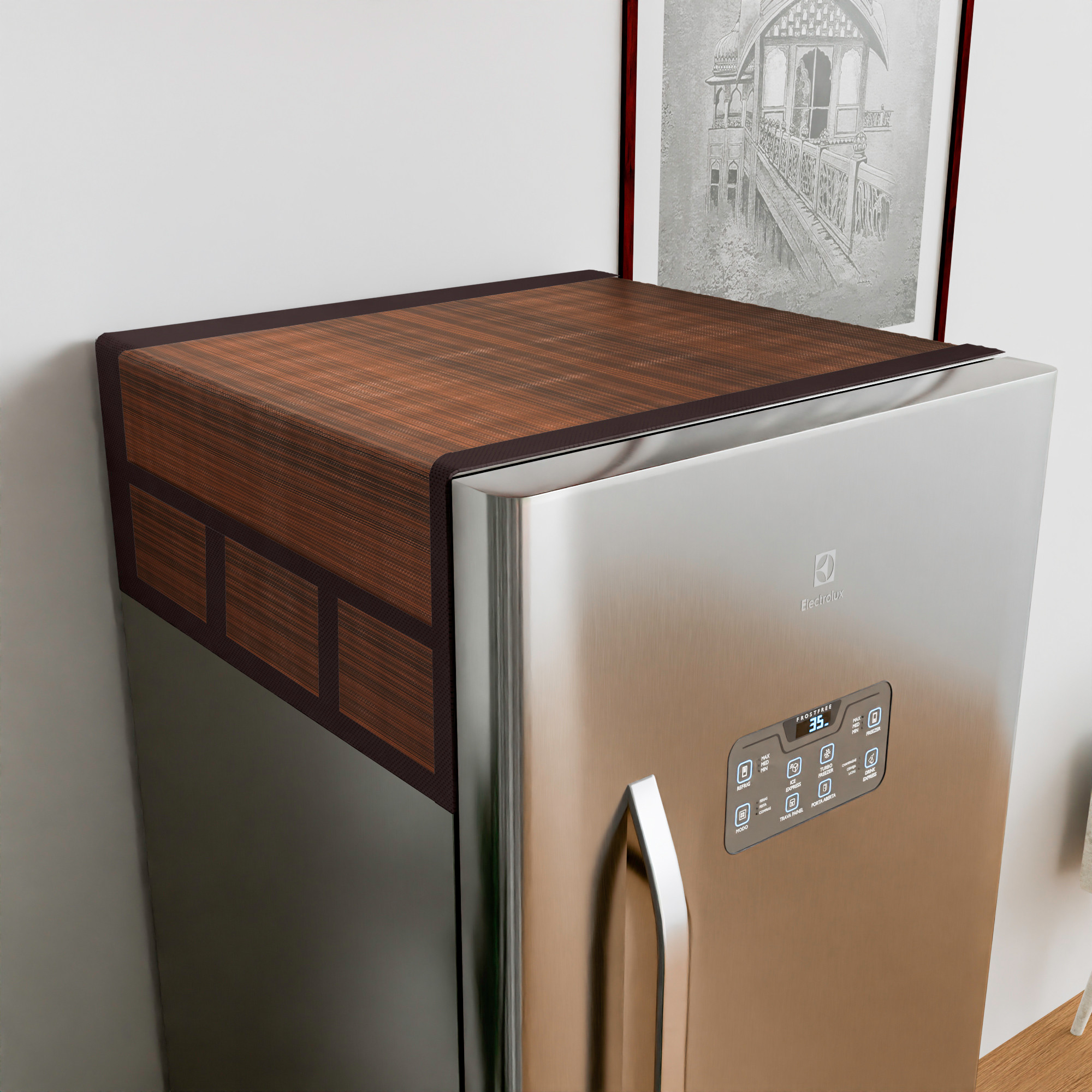 Kuber Industries Fridge Top Cover  Refrigerator Top Cover  Fridge Cover for Kitchen  Multi-Utility 6 Storage Pockets  Refrigerator Dust Proof Cover  XL  Lining Print  Dark Brown