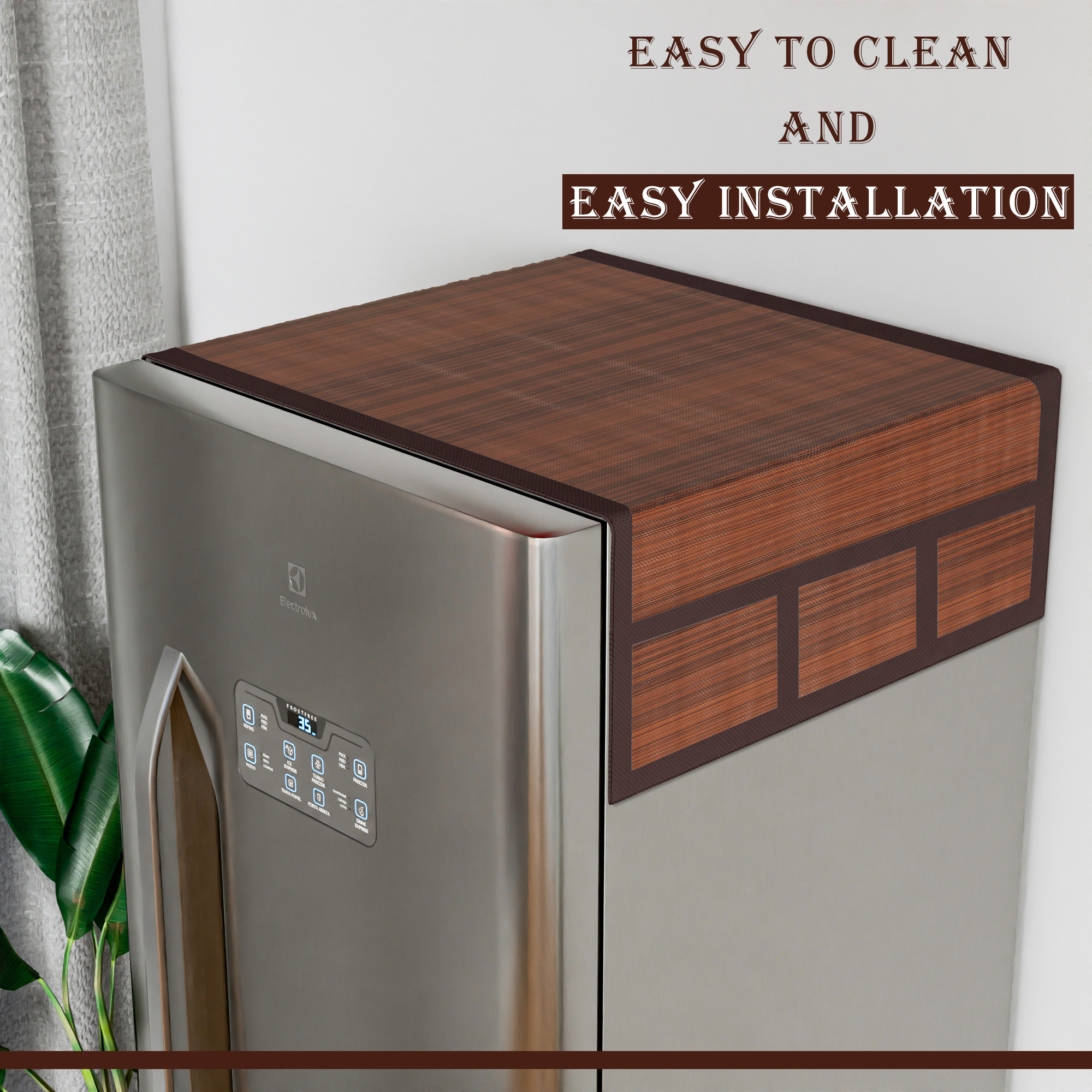 Kuber Industries Fridge Top Cover  Refrigerator Top Cover  Fridge Cover for Kitchen  Multi-Utility 6 Storage Pockets  Refrigerator Dust Proof Cover  XL  Lining Print  Dark Brown