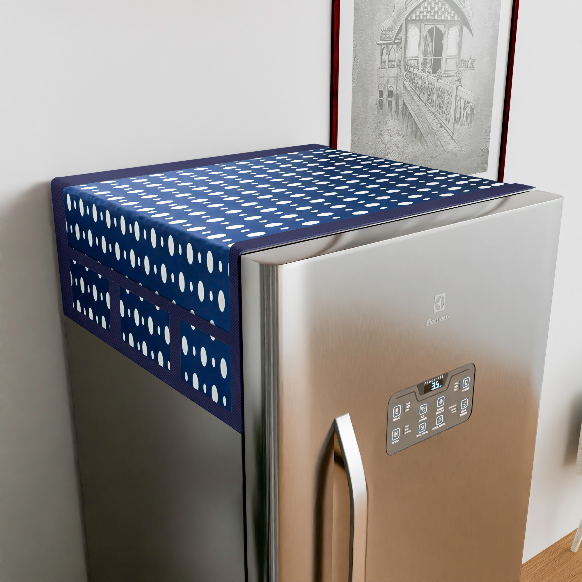 Kuber Industries Fridge Top Cover  Refrigerator Top Cover  Fridge Cover for Kitchen  Multi-Utility 6 Storage Pockets  Refrigerator Dust Proof Cover  XL  Dot Print  Blue