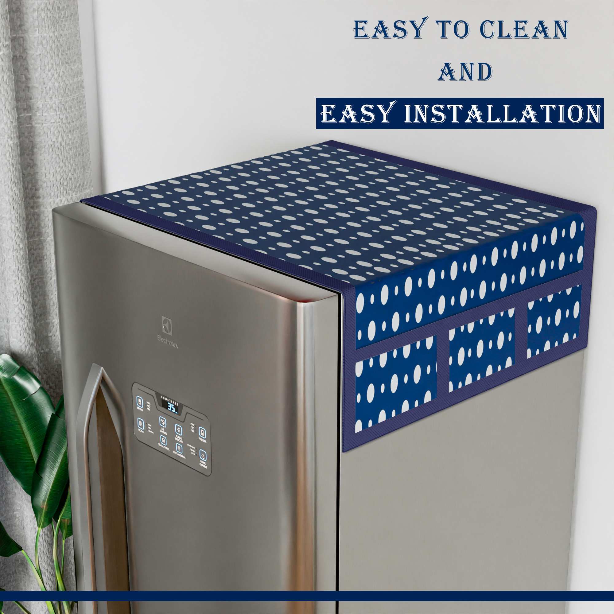 Kuber Industries Fridge Top Cover  Refrigerator Top Cover  Fridge Cover for Kitchen  Multi-Utility 6 Storage Pockets  Refrigerator Dust Proof Cover  XL  Dot Print  Blue