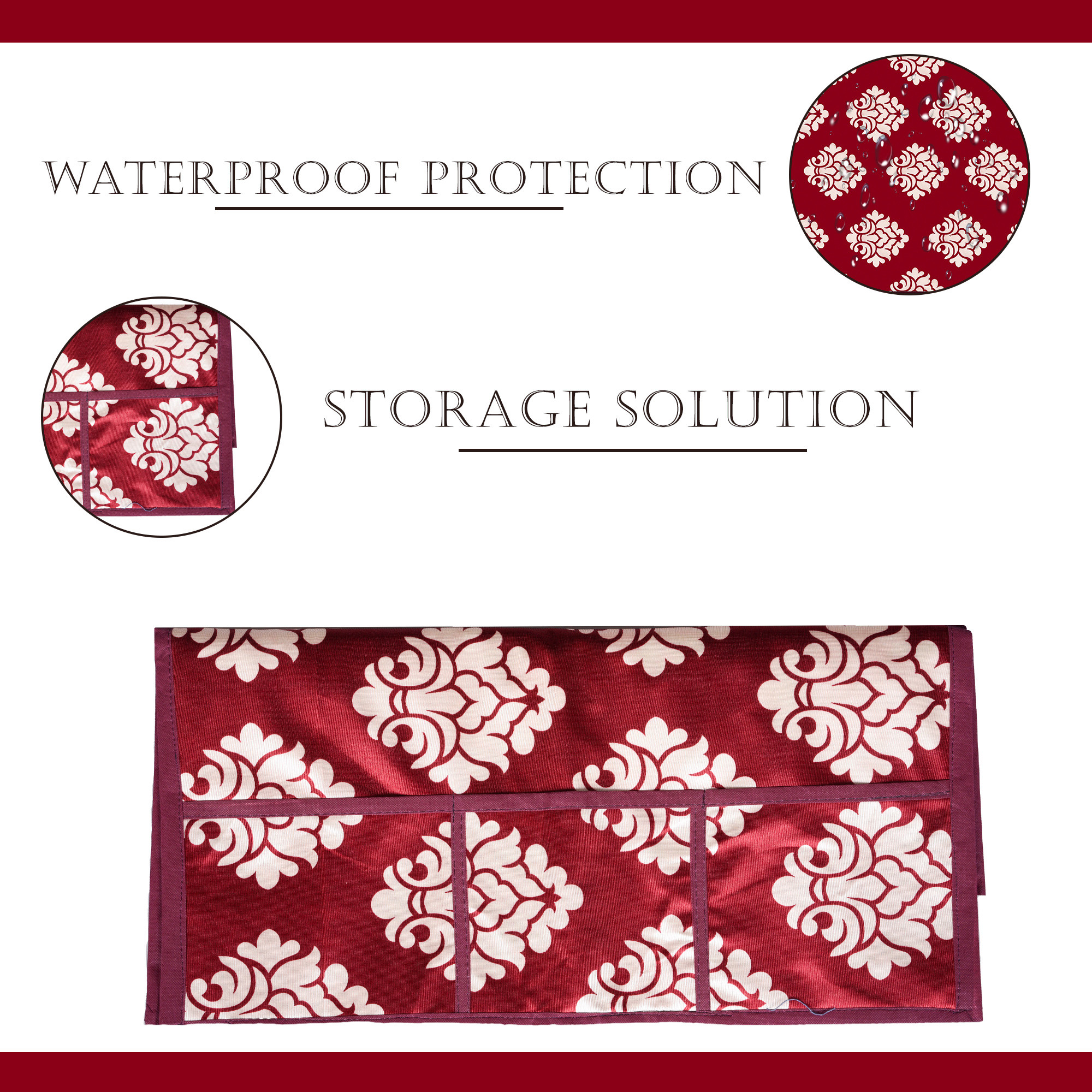 Kuber Industries Fridge Top Cover  Refrigerator Top Cover  Fridge Cover for Kitchen  Multi-Utility 6 Storage Pockets  Refrigerator Dust Proof Cover  XL  Knitting Square Print  Maroon