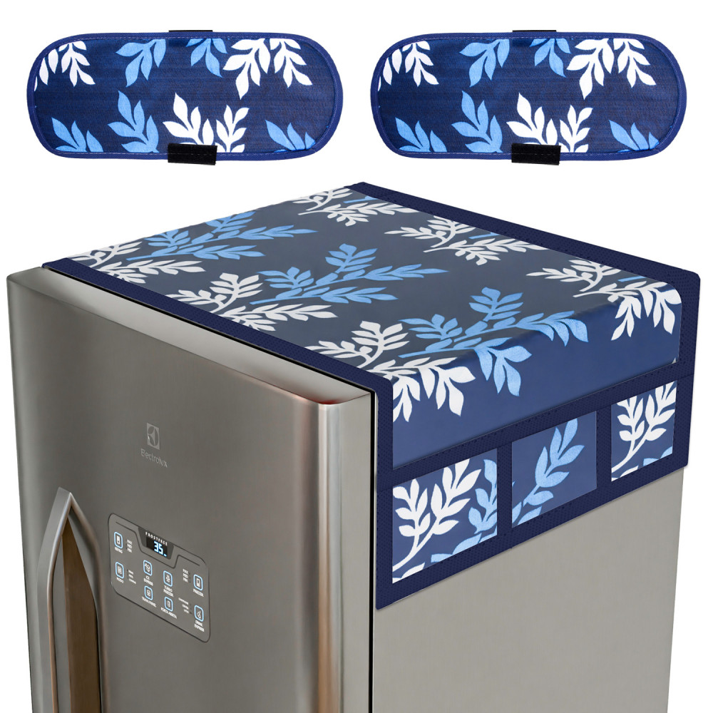 Kuber Industries Fridge Top Cover &amp; Handle Cover Set | Fridge Top &amp; Handle Cover Set | Refrigerator Cover &amp; Handle Cover Combo Set | Leaf Kniting Fridge &amp; Handle Cover | Blue