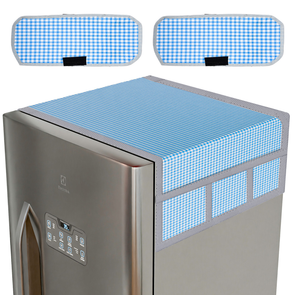 Kuber Industries Fridge Top Cover &amp; Handle Cover Set | Fridge Top &amp; Handle Cover Set | Refrigerator Cover &amp; Handle Cover Combo Set | Barik Check Fridge &amp; Handle Cover | Blue