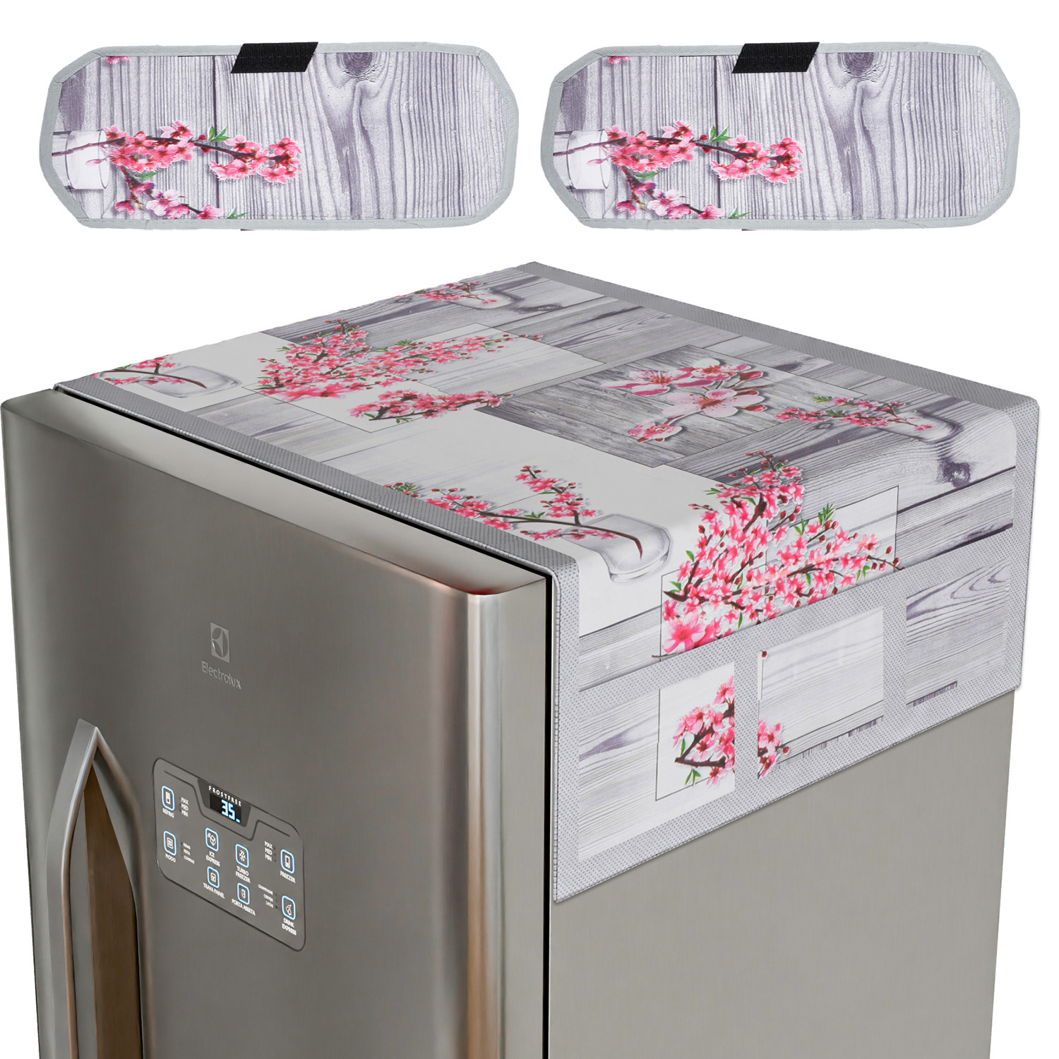 Kuber Industries Fridge Top Cover & Handle Cover Set | Fridge Top & Handle Cover Set | Refrigerator Cover & Handle Cover Combo Set | Flower Fridge & Handle Cover | Gray