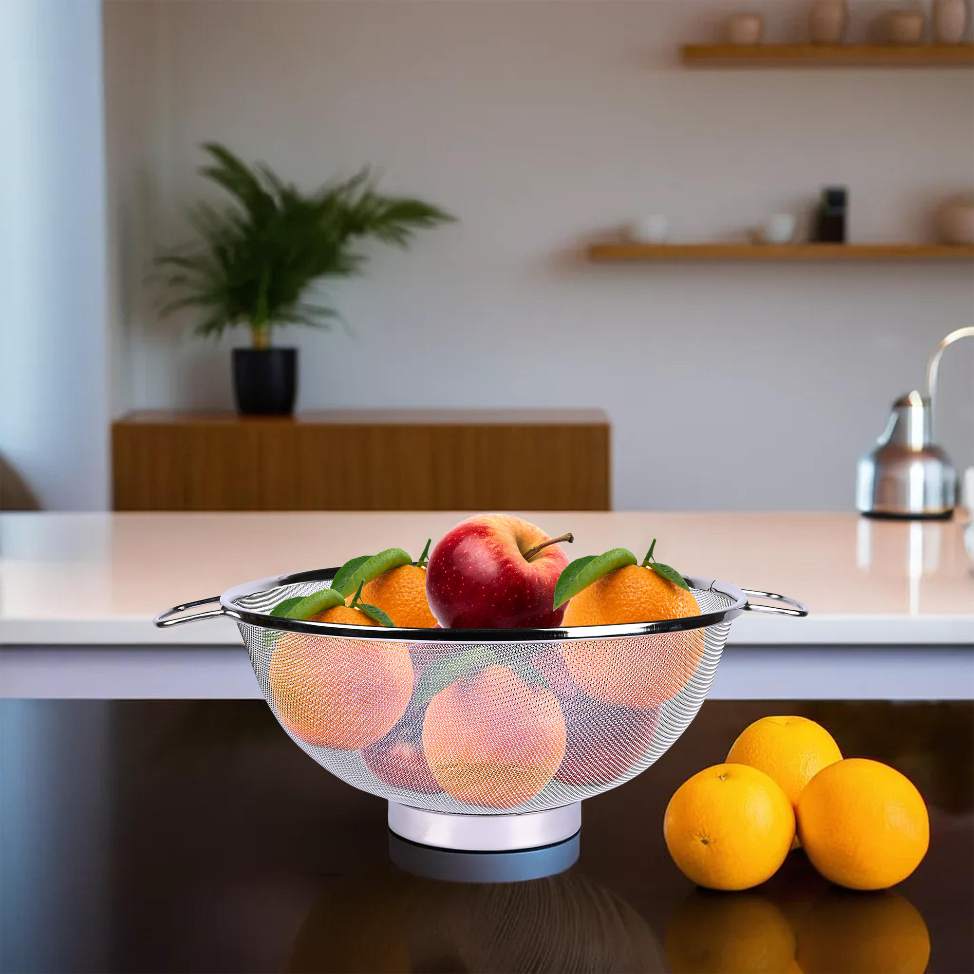 Kuber Industries Fruit Basket | Stainless Steel Vegetables Strainer | Multipurpose Fruit Basket | Colander Basket for Pasta-Noodles-Grains | Mesh Basket with Handle | 8 Inch | Silver