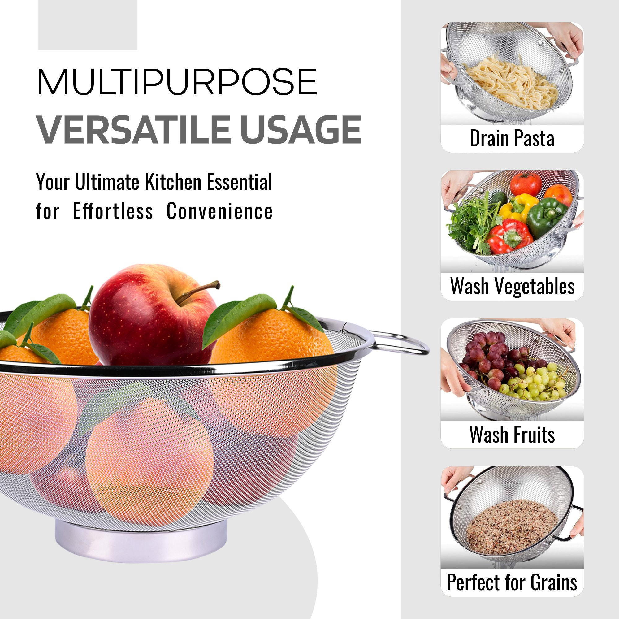 Kuber Industries Fruit Basket | Stainless Steel Vegetables Strainer | Multipurpose Fruit Basket | Colander Basket for Pasta-Noodles-Grains | Mesh Basket with Handle | 8 Inch | Silver